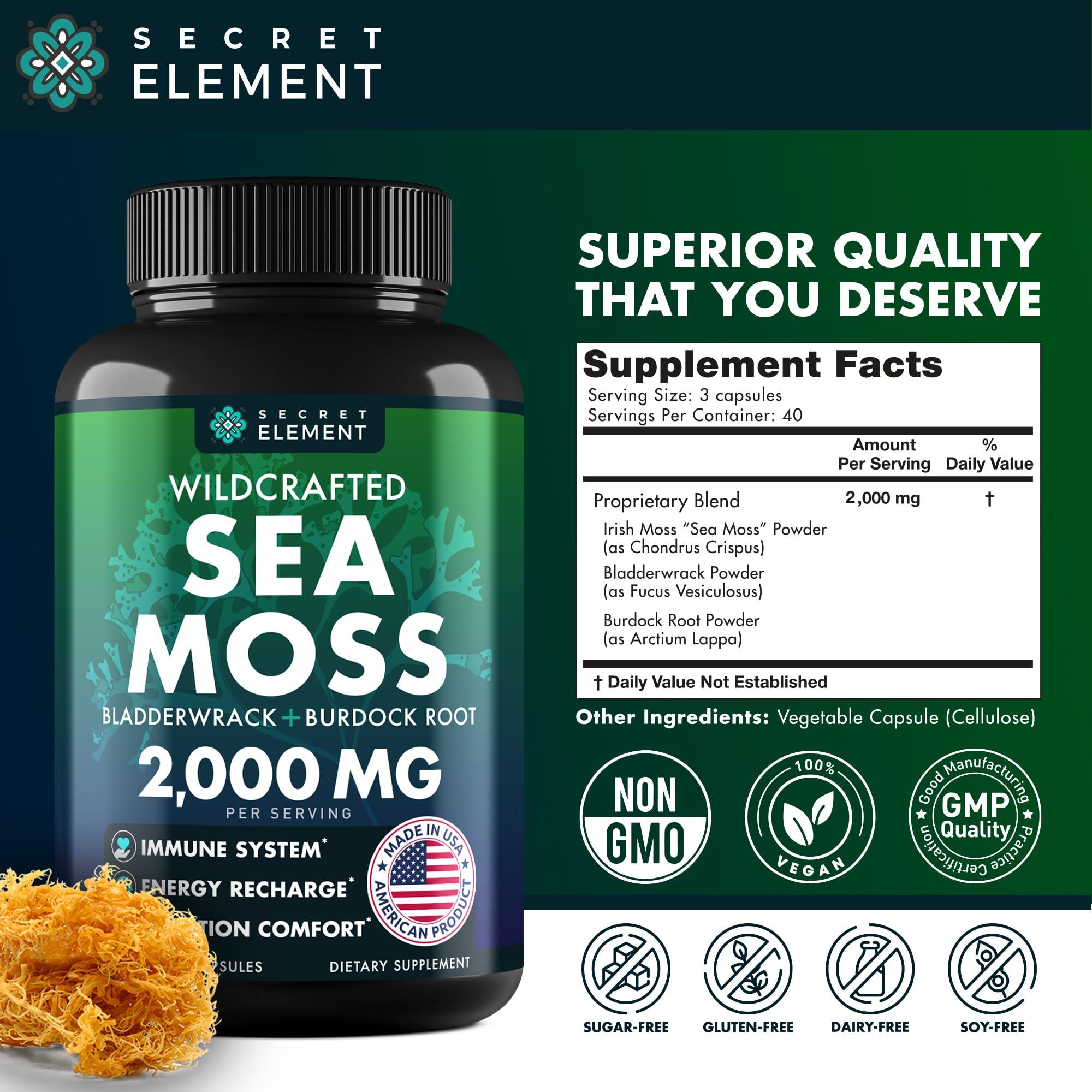 Secret Element Sea Moss Capsules - Irish Sea Moss Advanced with Burdock Root, Bladderwrack & Muira Puama for Immunity, Gut, & Energy - Superfood Sea Moss Supplements w/Raw Sea Moss Powder - 120 Irish Seamoss Pills