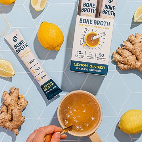 Bare Bones Bare Bones Bone Broth Instant Powdered Mix, Lemon Ginger, Pack of 8, 15g Sticks, 10g Protein, Keto & Paleo Friendly Bone Broth Packets
