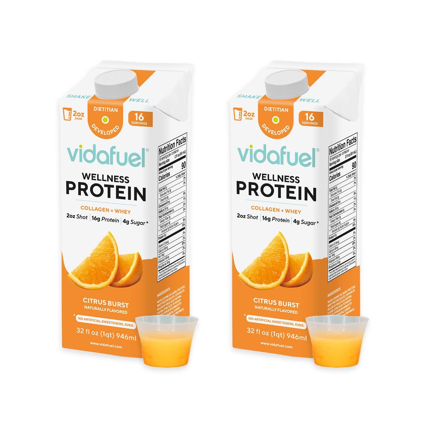 VIDAFUEL Vidafuel Protein Drink, 16g Protein per 2oz Shot, 32 fl oz Carton, 2 Pack, Citrus, Collagen and Whey Drink, No Artificial Sweeteners