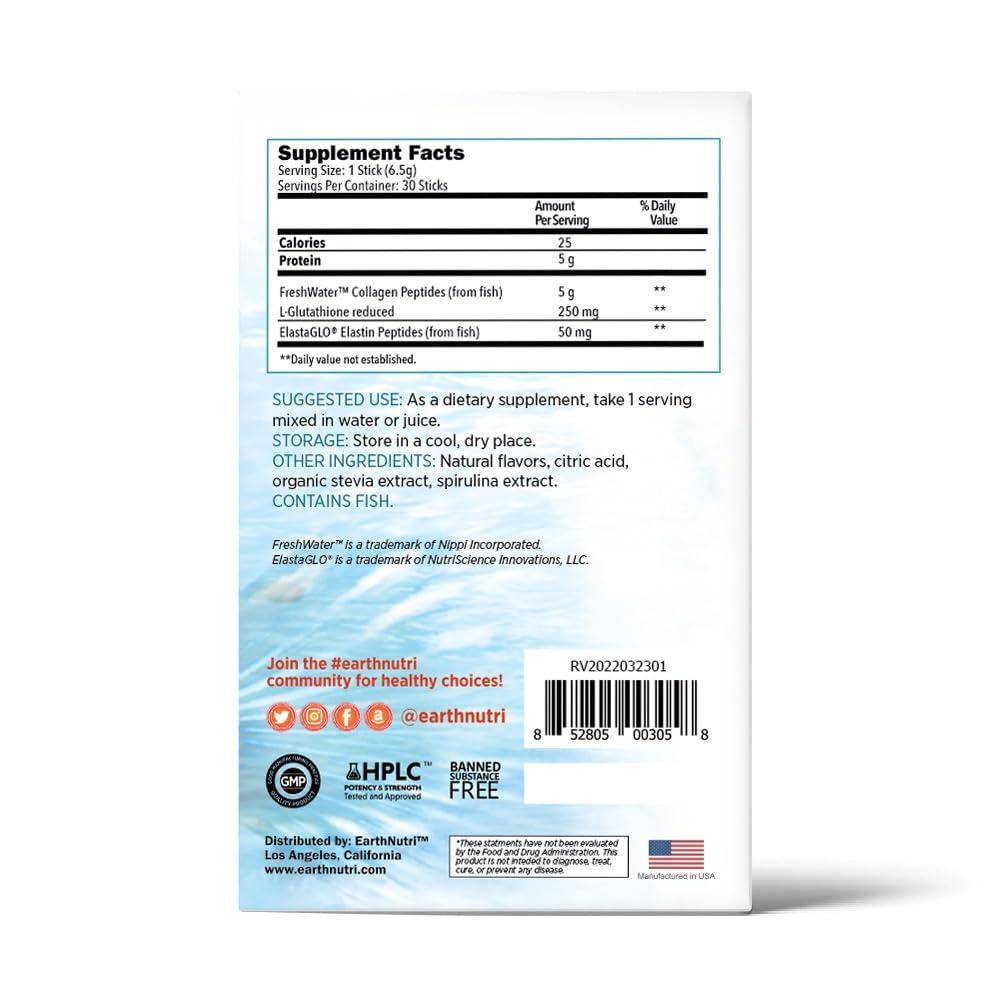 EarthNutri EarthNutri Marine Collagen Peptides Powder Supplement for Skin, Hair & Nails Enhances Skin Elasticity & Hydration Hydrolyzed Collagen 5000mg per Serving Non-GMO Ocean Breeze (30 Sticks Pack)