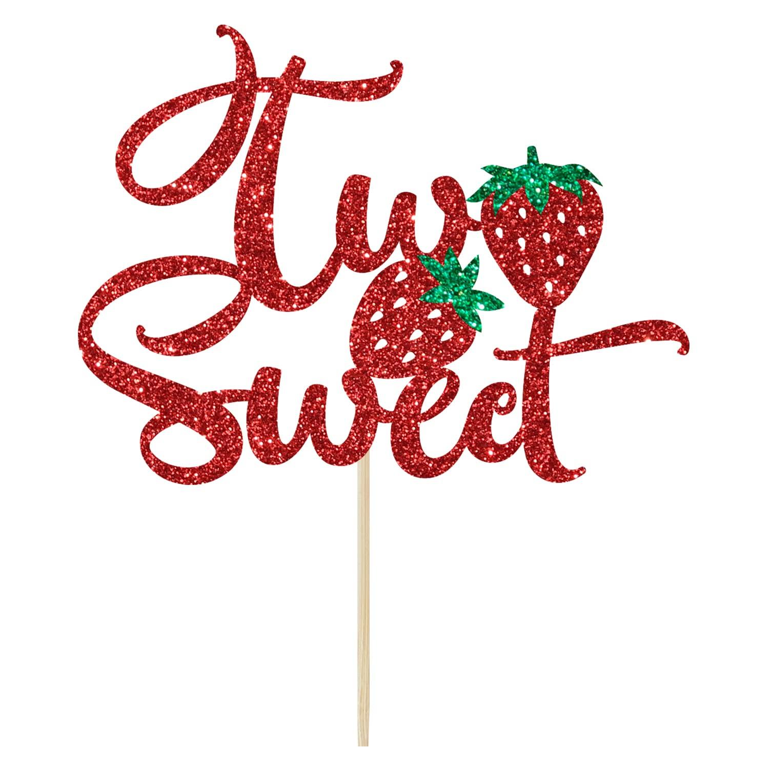 Sriburcio Red Glitter Two Sweet Cake Topper, Sweet to Be Two/Two Cute/Two Wild/Happy 2nd Birthday, Strawberry Themed 2nd Birthday Party Decorations