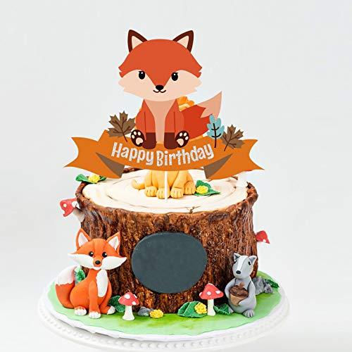 ChienMin Glitter Fox Happy Birthday Cake Topper Animal Theme for Baby Shower or kids Birthday Party Decor Supplies