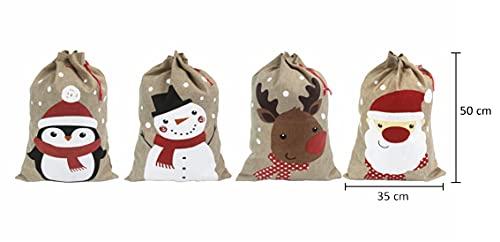 Hooin Christmas Sacks (13.8‘’ x 19.7‘’ Medium Size) – Pack of 4 Drawstring Goody Gift Bags for Christmas Treats 4 Designs Santa Snowman Reindeer Penguin