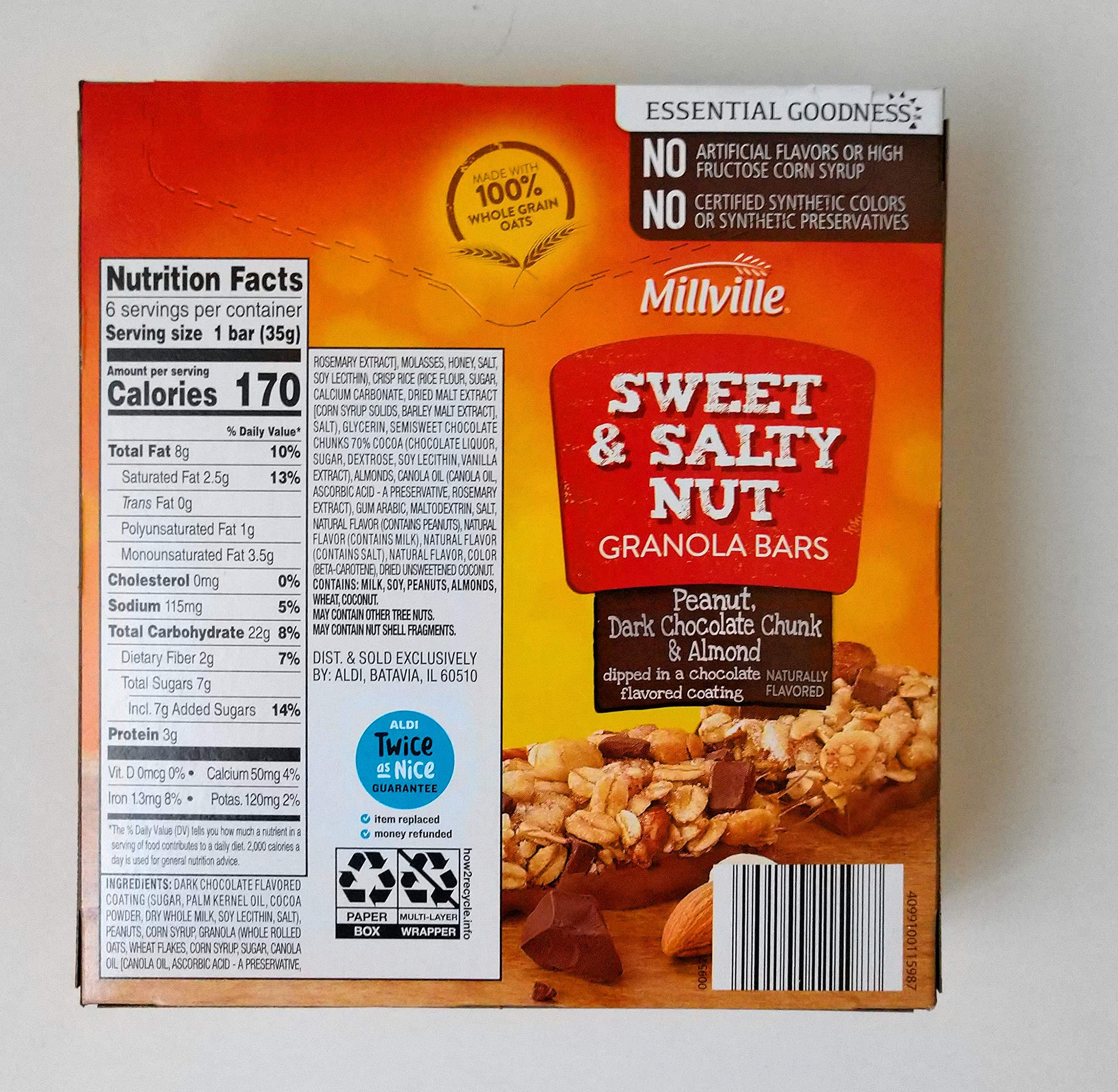 Millville Millville granola bars sweet & salty nut Peanut, almond & Dark chocolate chunk,100% whole grain 7.4oz(1.2oz x 6bars), pack of 1