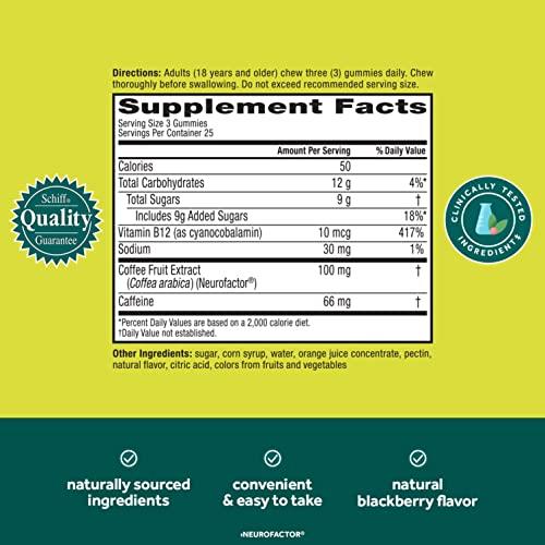 NEURIVA NEURIVA Brain + Energy Gummies, Nootropic Brain Supplements for Focus and Concentration with Neurofactor, Vitamin B12 & Caffeine for an Energy Boost*, 75ct Natural BlackBerry