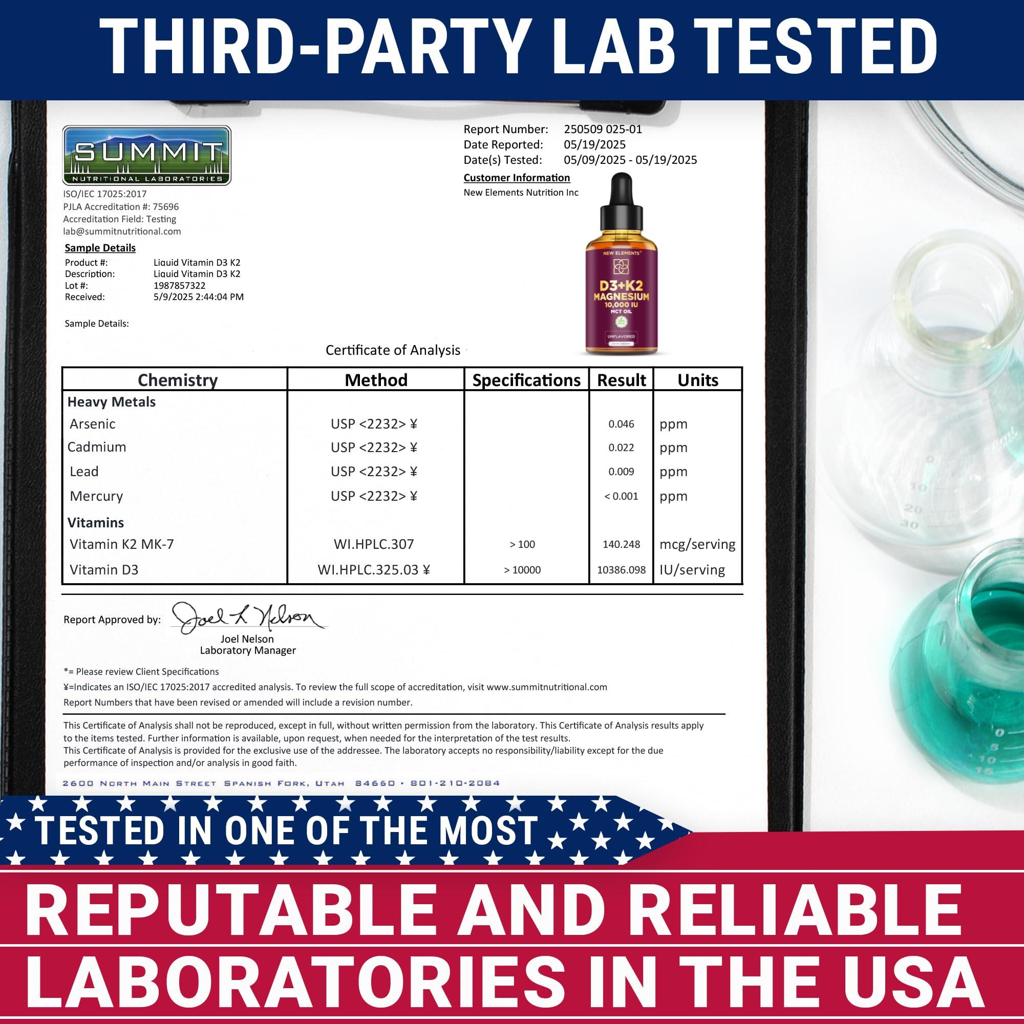 New Elements Liquid Vitamin D3 K2 10000IU with Magnesium Glycinate 5mg | VIT D3 K2 Drops for Adults | Mk7 Vitamin K2 100mcg | Vitamin D3 + K2 Supplement for Men & Women | Gluten Free | Non-GMO