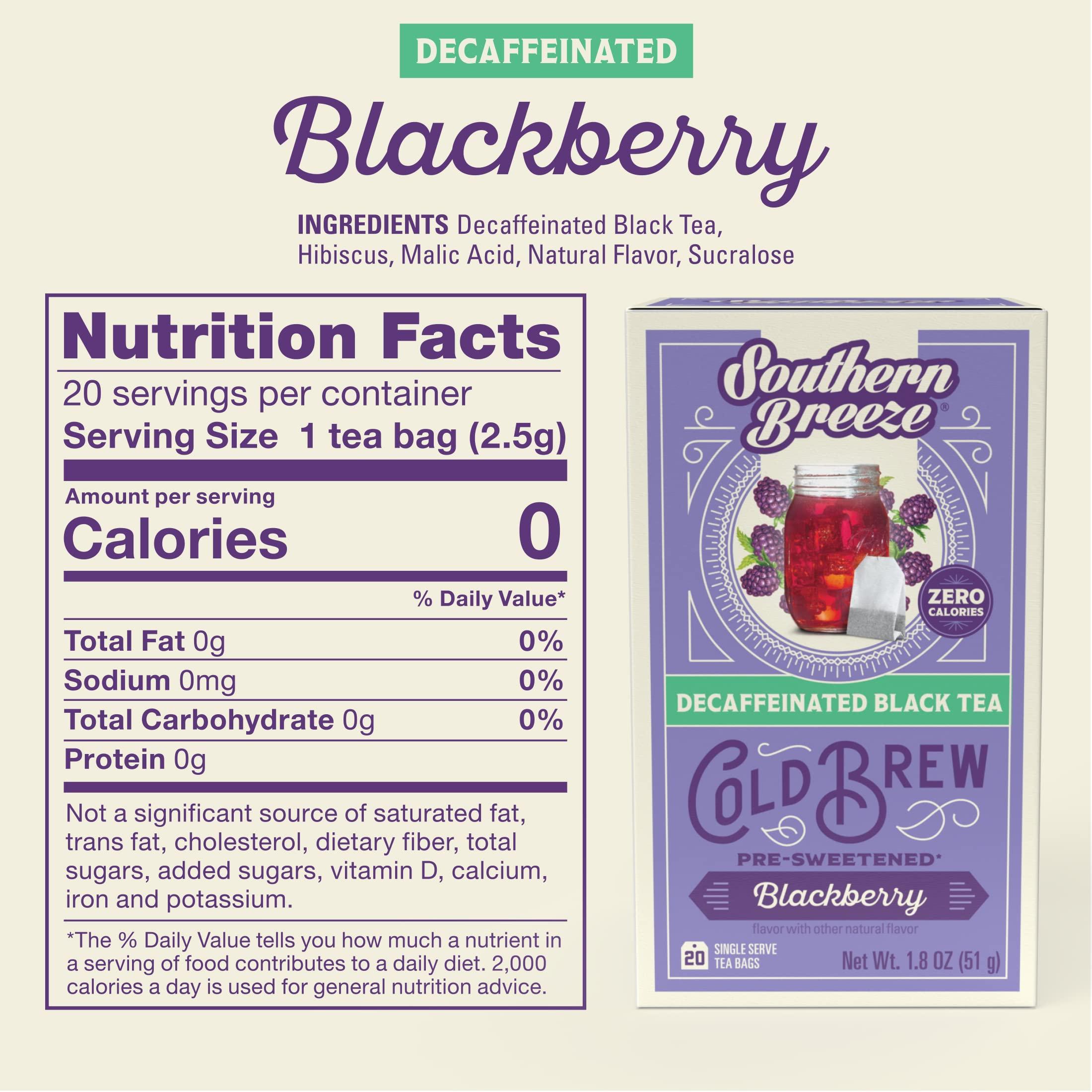 Southern Breeze Southern Breeze Decaf Cold Brew Sweet Tea Blackberry Iced Tea with Black Tea and Zero Carbs Zero Sugar, 20 Individually Wrapped Tea Bags, Pack of 4