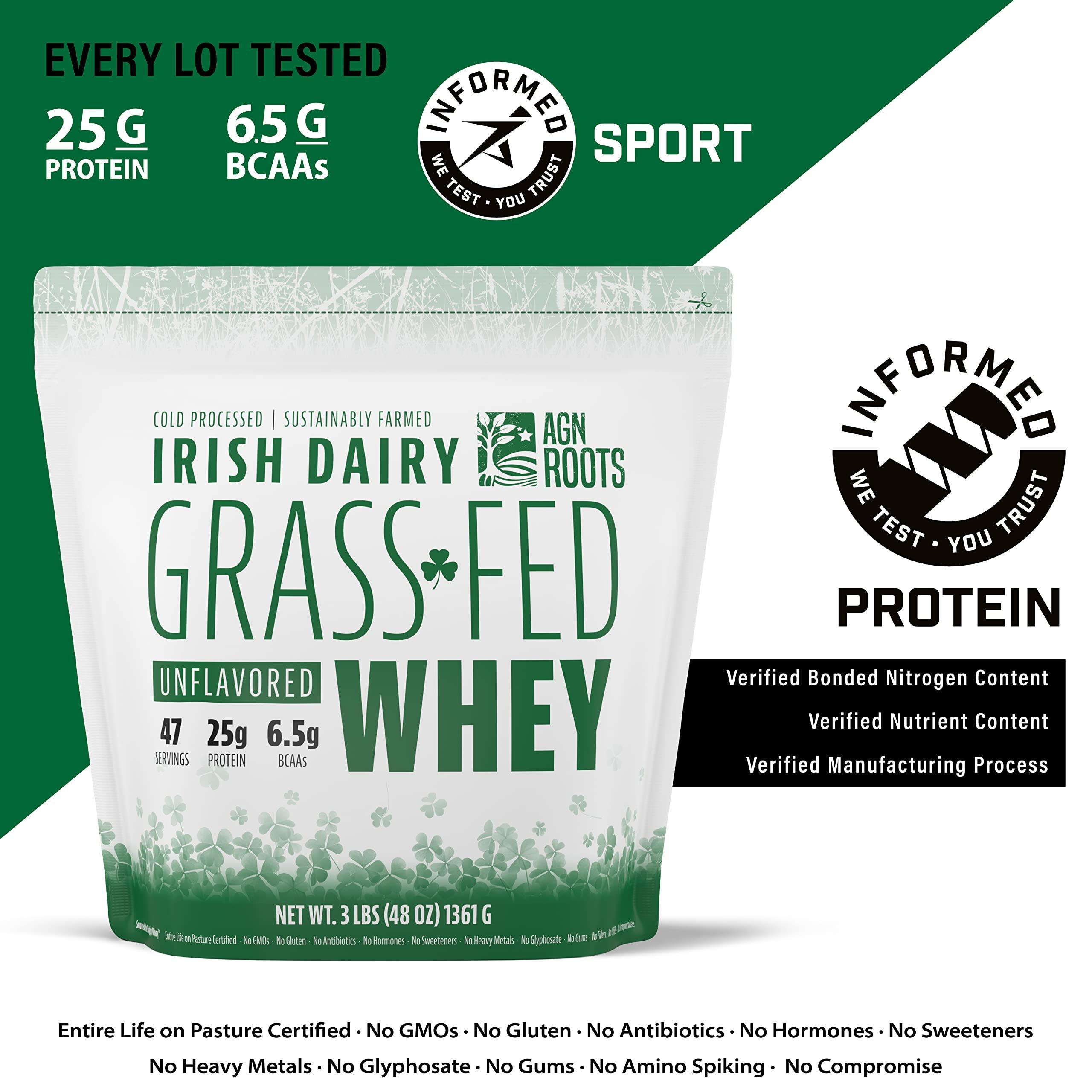 AGN Roots AGN Roots Grass Fed Whey Protein Powder Isolate - Unflavored - Unsweetened - Certified Entire Life On Pasture - A Greener World - ASPCA Registered Brand List - Informed-Sport - 3lbs