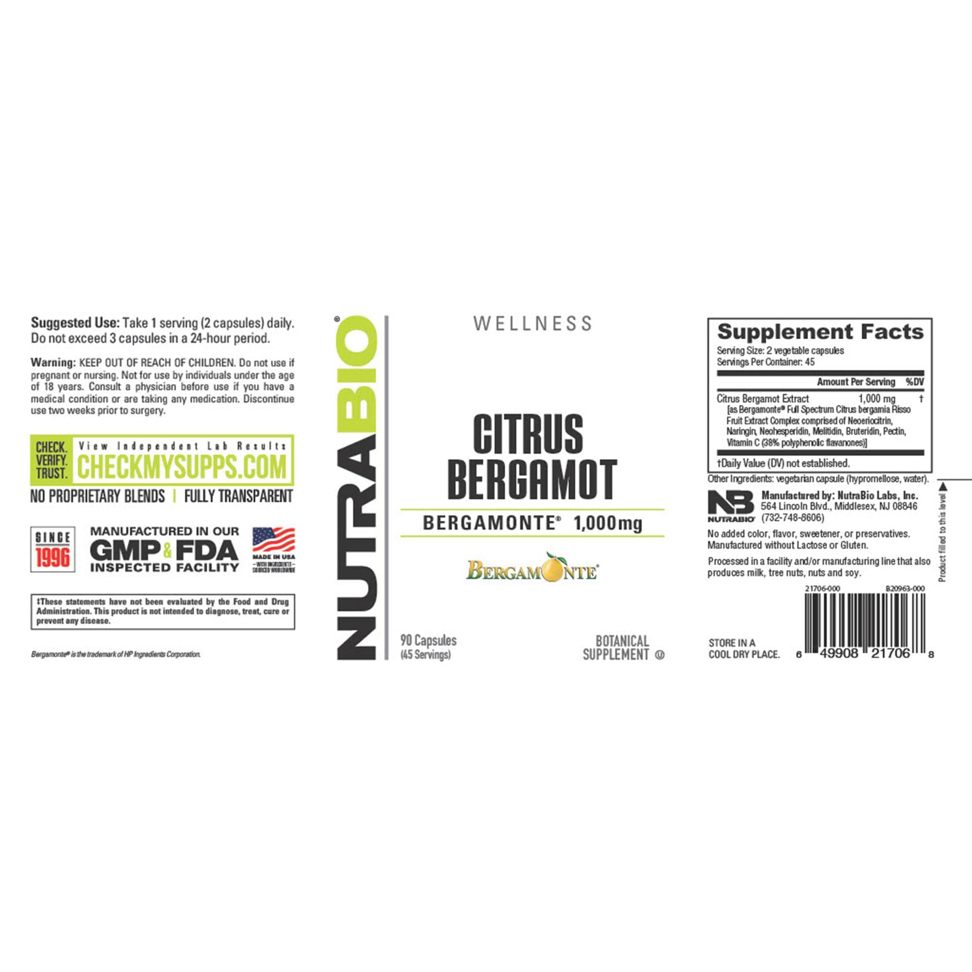 NutraBio NutraBio Citrus Bergamot Bergamonte Extract Supplement, 1,000mg - May Help Promote Cardiovascular Health and Wellness, 90 Capsules