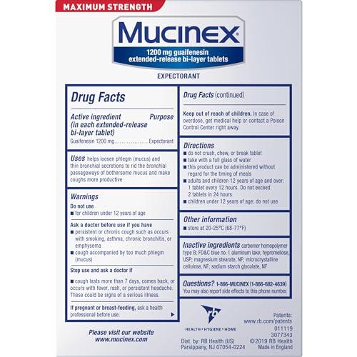 Mucinex Mucinex 12 Hour Maximum Strength 1200 mg Guaifenesin Extended-Release Tablets for Excess Mucus Relief, Expectorant Aids Excess Mucus Removal, Chest Congestion Relief, 42 Tablets