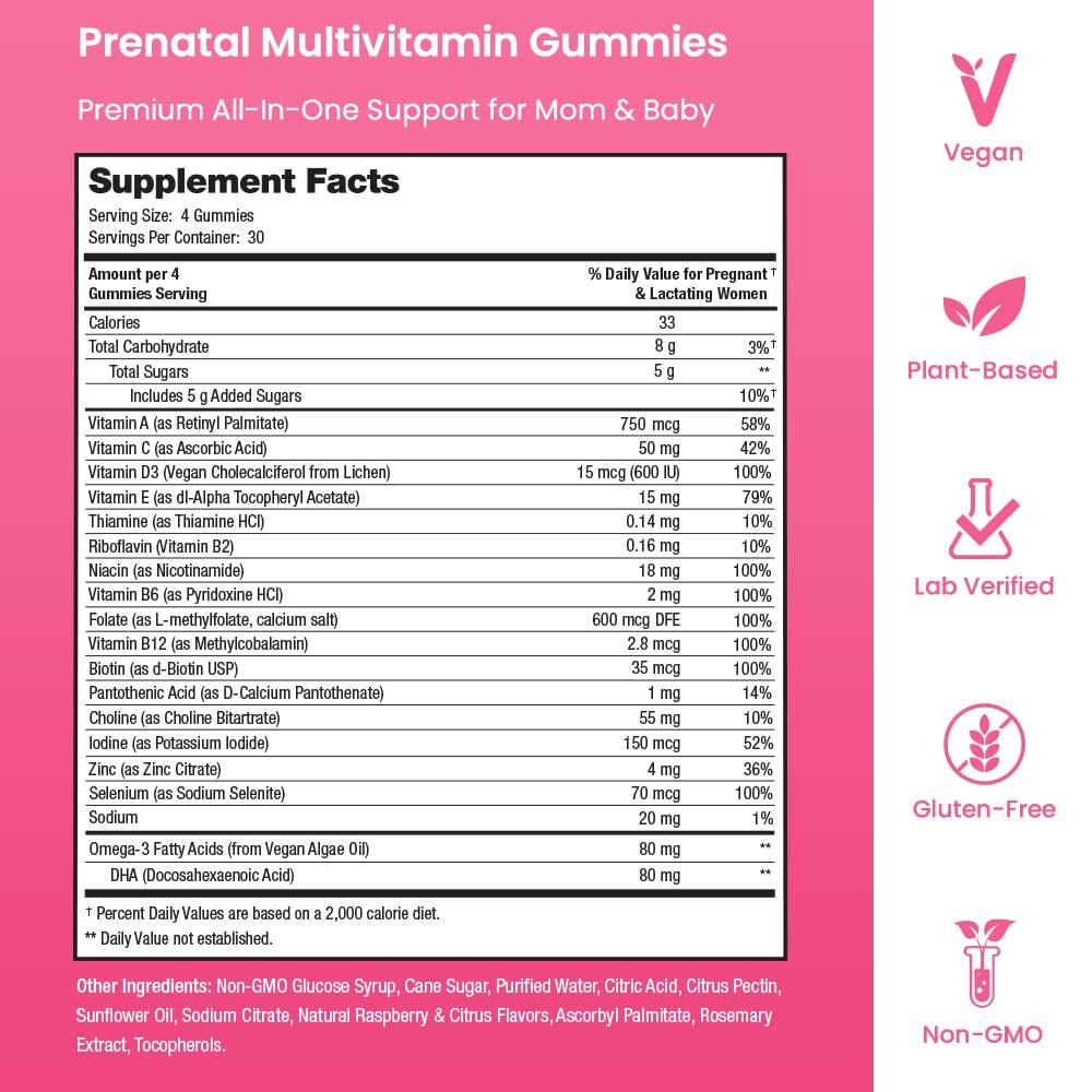 Mother\'s Promise Prenatal Vitamin Gummies with DHA | Vegan Prenatal Vitamins for Women with Omega 3, Methylfolate, Choline & D3, Pregnancy Vitamins for Fetal Development | Gummy Multivitamin Supplement, 120 Count