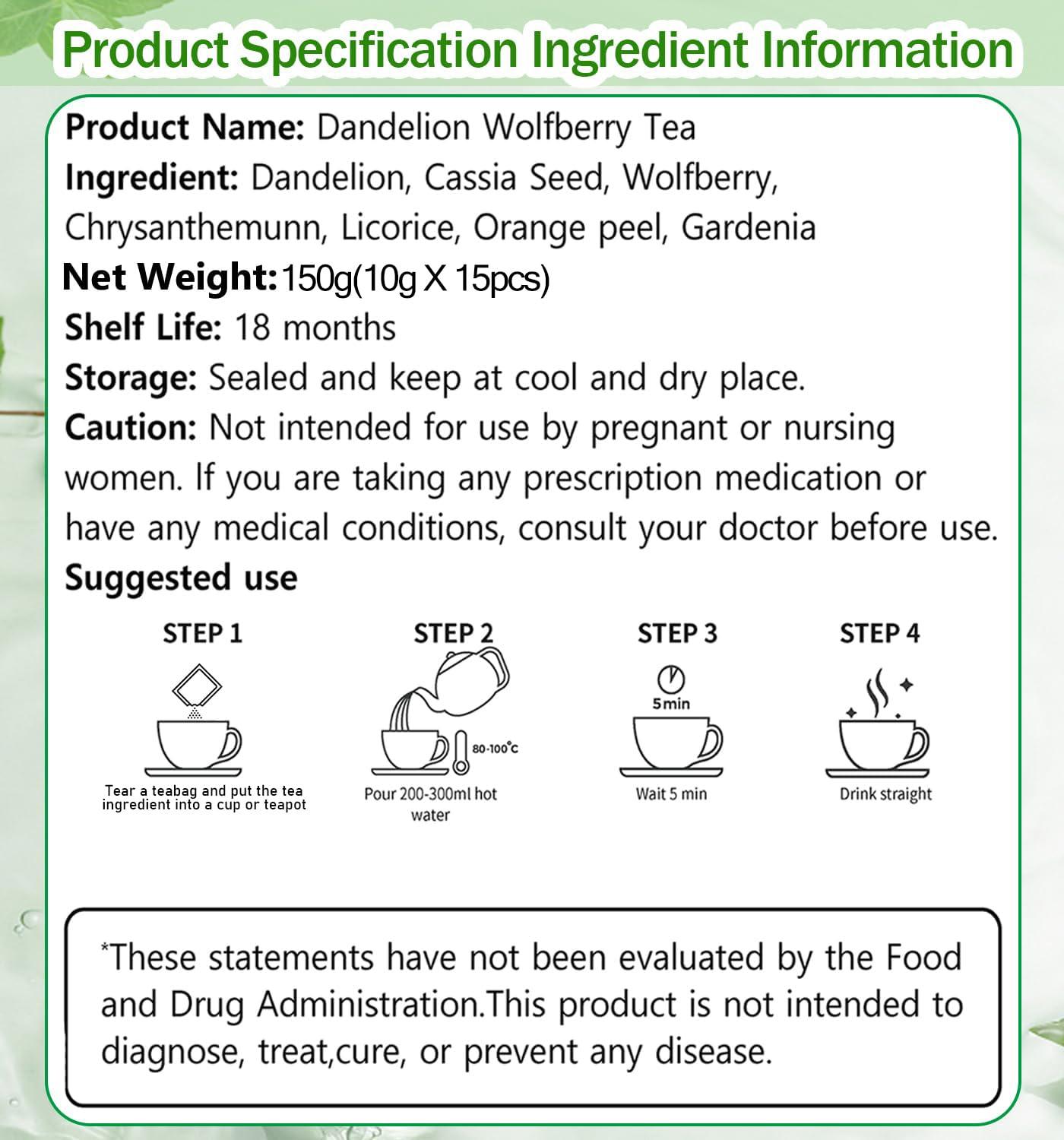 Rlvym Dandelion Wolfberry Tea, Kidneys & Liver Health, Seven Natural Herbal Ingredients Kidney Tea, Organic Dandelion Root Tea, Goji Berry Chrysanthemum Tea (144g, 12bags)