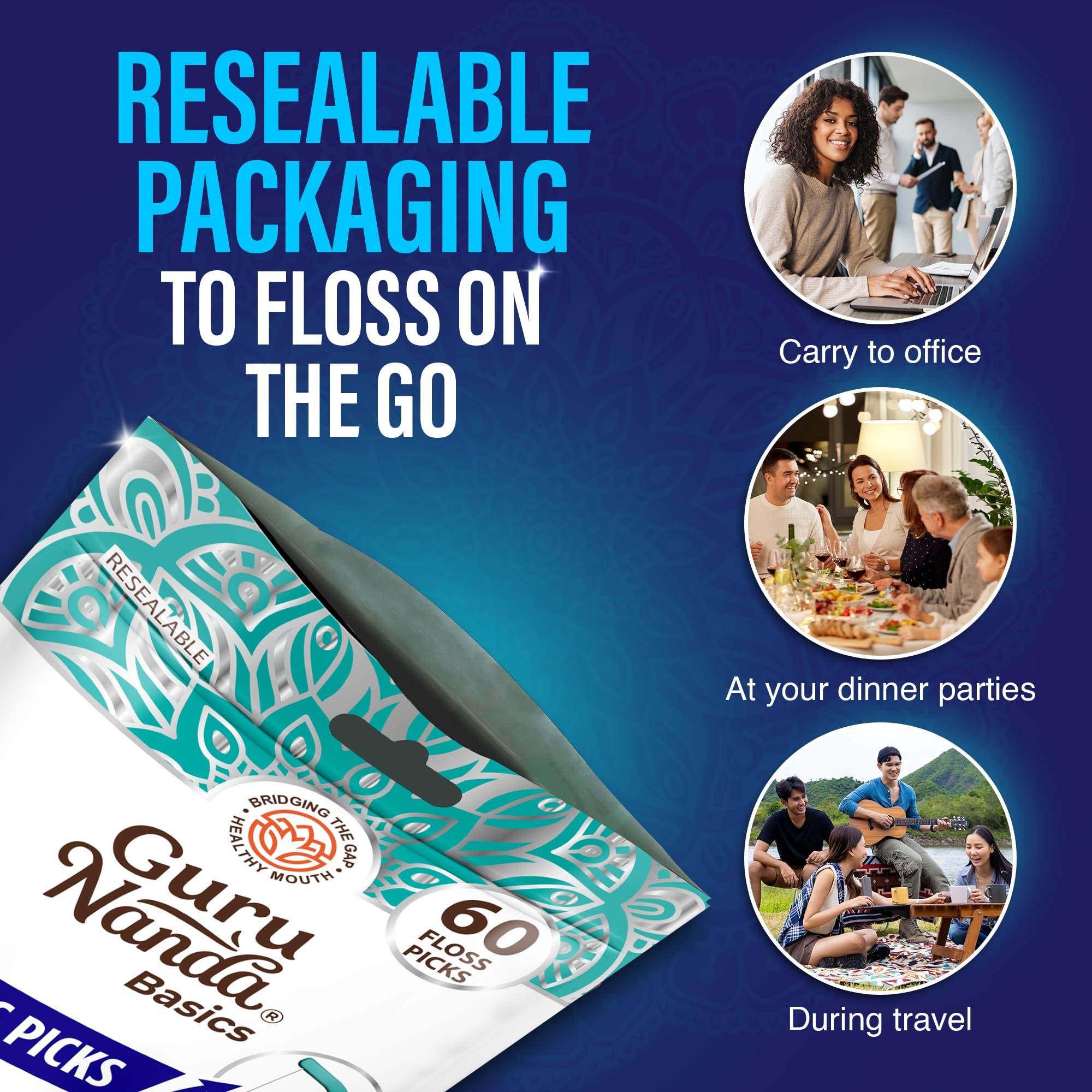 GuruNanda GuruNanda Fresh Floss Dental Picks - Non- Shred Thread with Angled Pick for Effective Plaque Removal - Dentist Recommened - Travel Friendly for Adults & Kids - 60 Pack