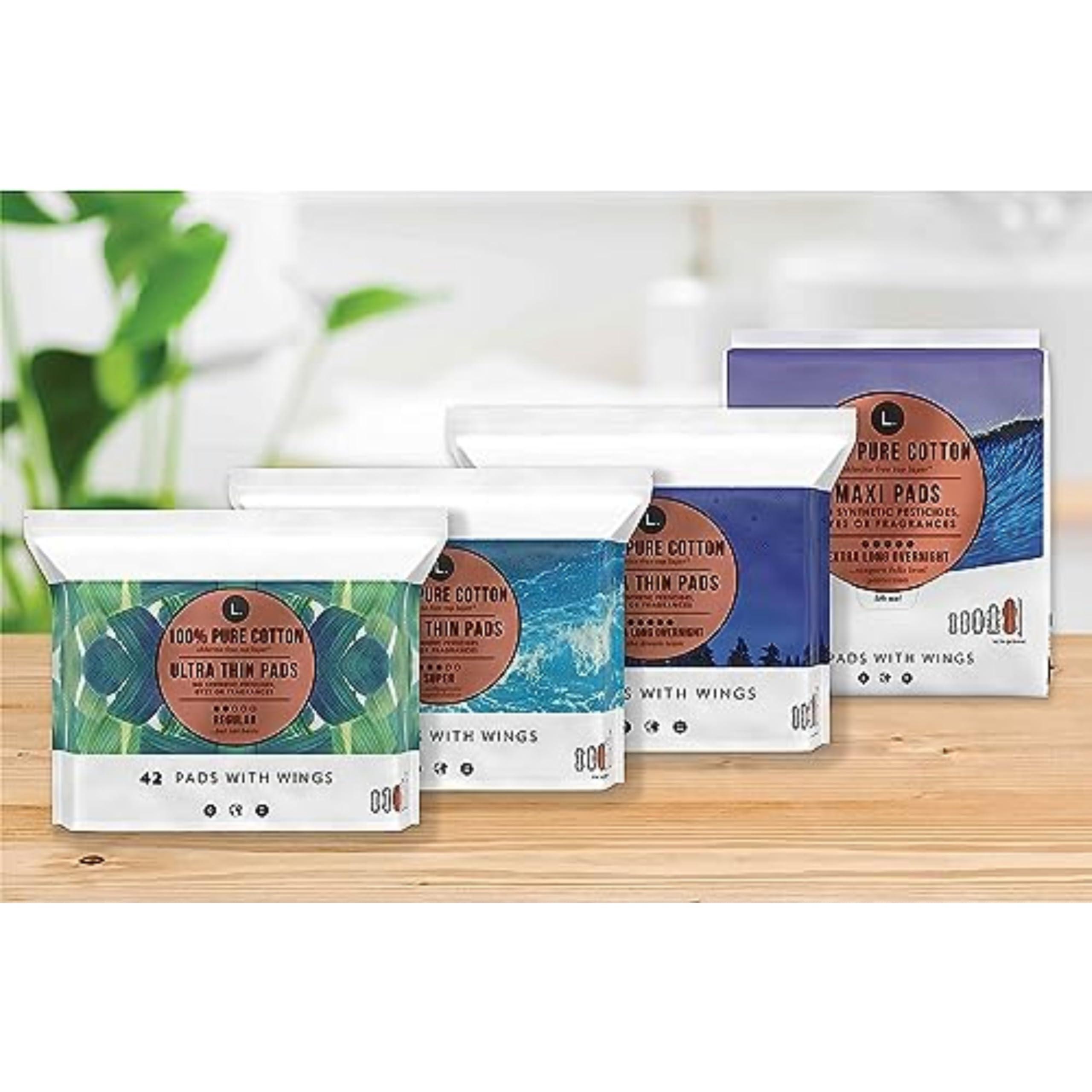 L. L. Pure Cotton Topsheet Pads for Women, Extra Long Overnight Pads, Maxi Pads with Wings, Unscented Menstrual Pads, 28 Count x 2 Packs (56 Count Total) (Packaging May Vary)