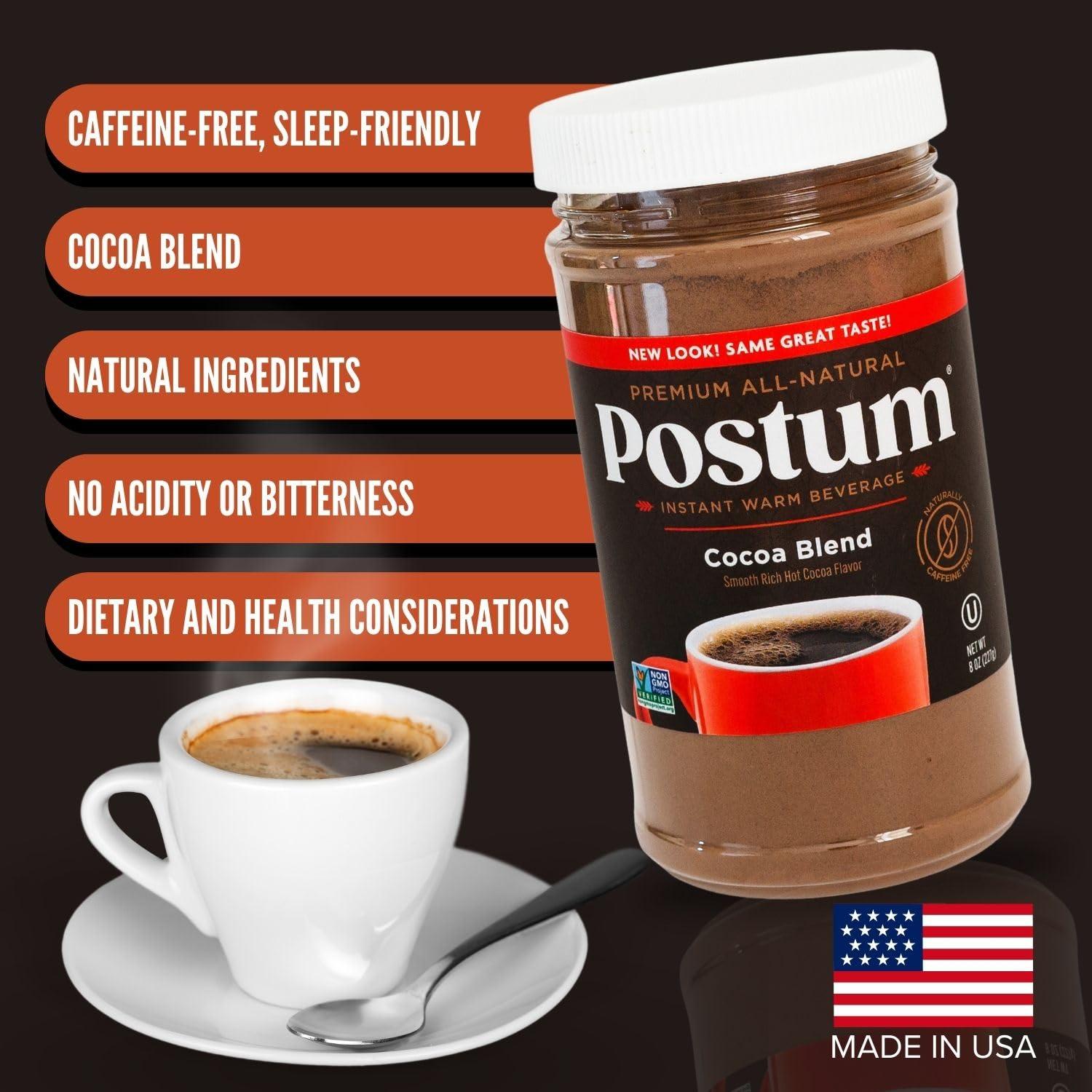 Postum Postum Cocoa Blend Flavor Coffee Substitute Caffeine Free Delight with Roasted Wheat Bran & Molasses (2 x 8oz)| Natural, Non-GMO, Vegan & Healthy Coffee Alternative Caffeine Free Hot Chocolate