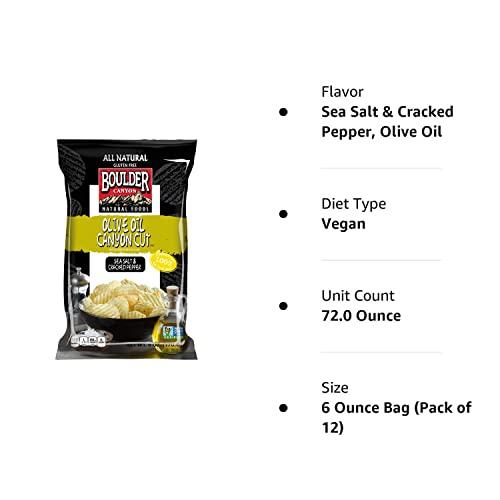 Boulder Canyon Boulder Canyon Kettle Cooked Potato Chips, Cooked in 100% Olive Oil, Wavy Canyon Cut, NON-GMO Verified, Gluten Free, Sea Salt & Cracked Pepper, 6 Ounce (Pack of 12)