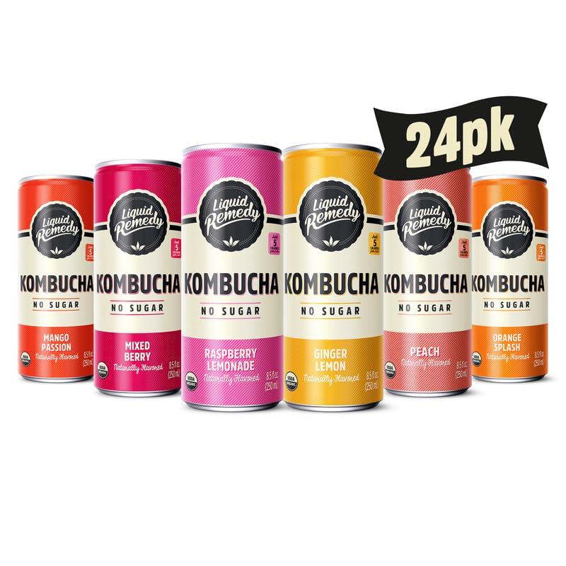 REMEDY Kombucha Liquid Remedy Kombucha Sugar Free Organic Drink, Low Calorie, Probiotic Like Tea for Gut Health - Super Sampler Variety Pack - 8.5 Fl Oz Can, 24-Pack
