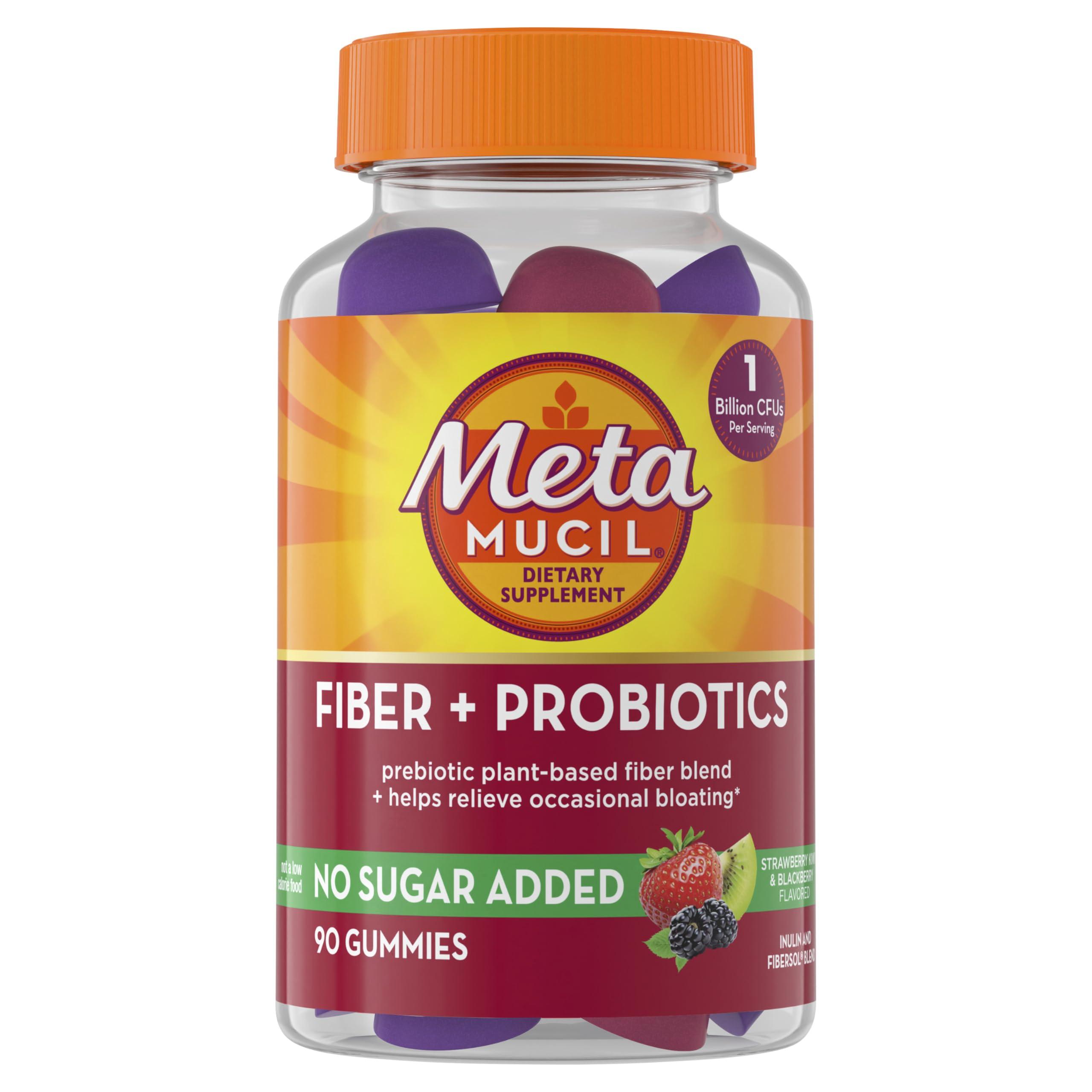 Metamucil Metamucil Fiber Supplement Gummies with Probiotics for Bloating Relief, No Sugar Added Strawberry Kiwi BlackBerry Flavors, 5g Prebiotic Plant Based Fiber Blend, 90 Count