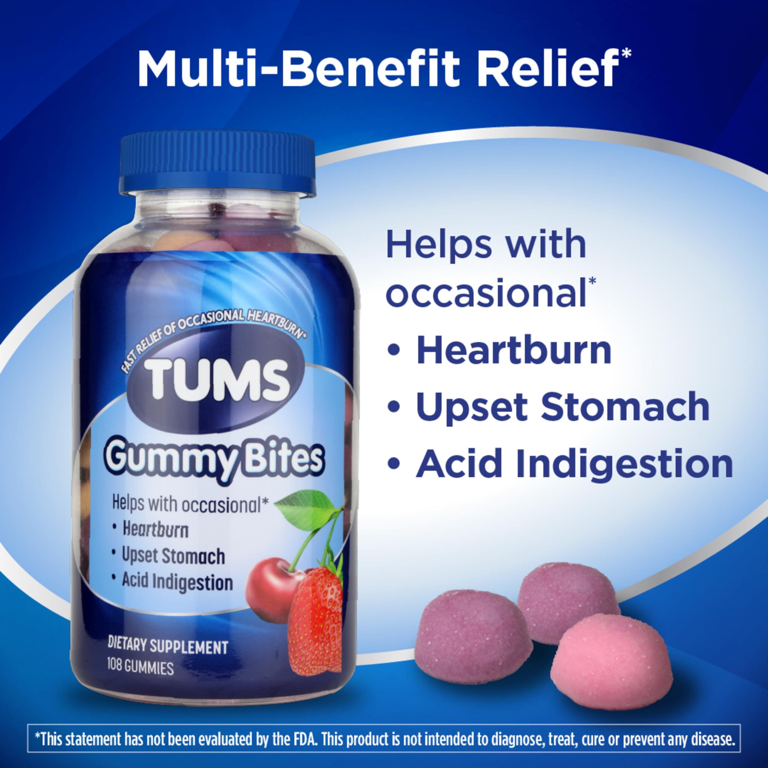 TUMS TUMS Gummy Bites Dietary Supplement for Occasional Heartburn Relief, Upset Stomach and Acid Indigestion, Great for a Summer BBQ - Cherry Berry Burst - 108 Count