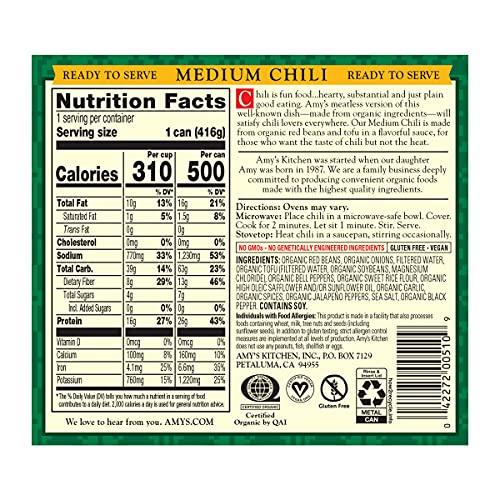 Amy\'s Amy\'s Organic Chili, Vegan Medium Chili, Light in Sodium, Gluten Free, Made With Organic Red Beans and Tofu, 14.7 Oz