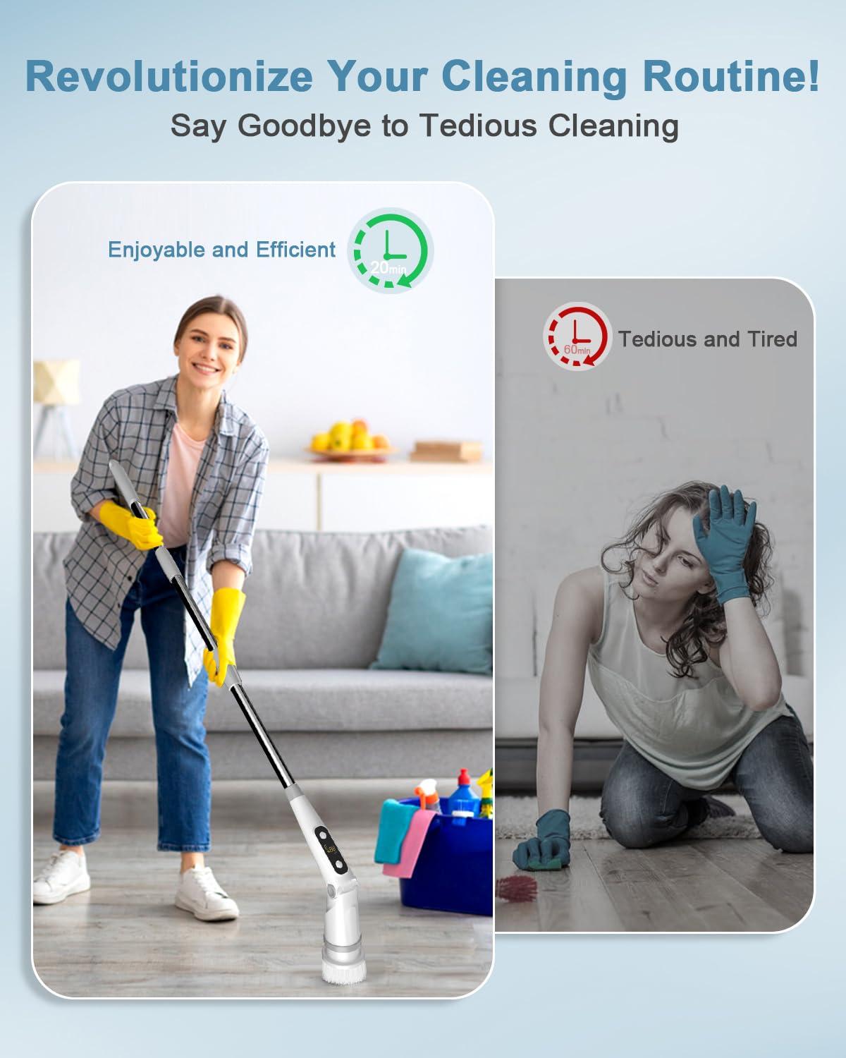 iezfix Electric Spin Scrubber, Power Brush for Cleaning Bathroom Shower, Tub Tile Floor Window Cleaner with Telescopic Rod, 8 in 1 Spinning Scrub Brushes, 3 Speeds Max 450 RPM, X03 Turbo Gray