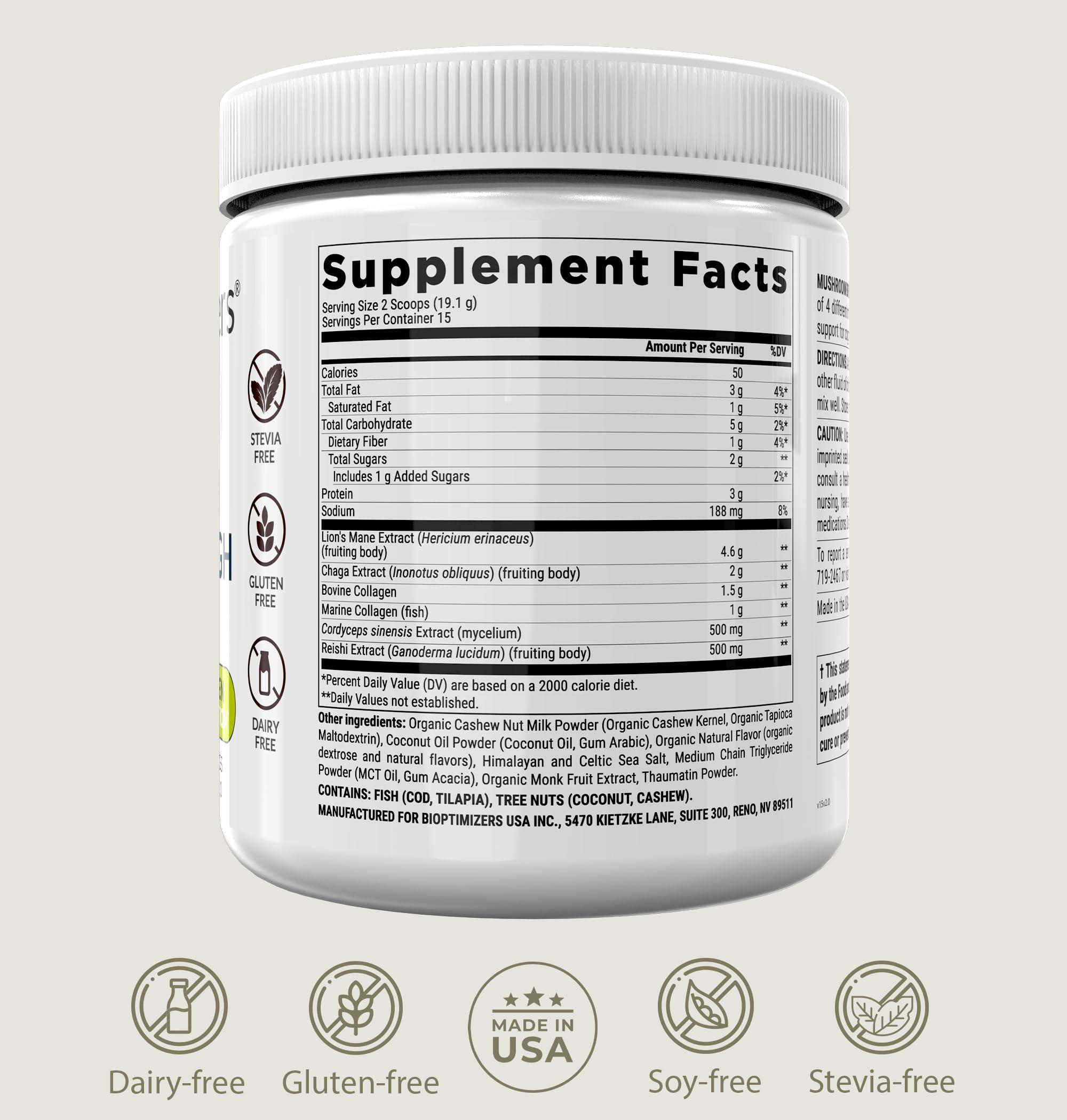 BiOptimizers BiOptimizers Mushroom Breakthrough Drink Salted Caramel : 5 Superfoods Functional Mushrooms Plus Collagen Non-Crash Energy Boosts Focus Gut Health : Powder Lions Mane, Chaga and Reishi (15 Servings)