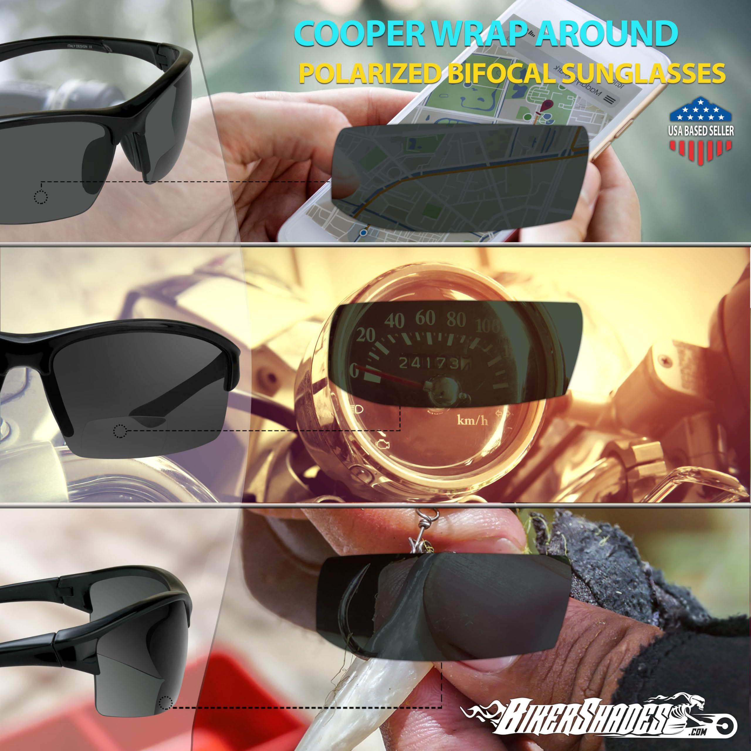 Bikershades Biker Armour Polarized Bifocal +1.00 Reading Sunglasses Wrap Around Sport TR90 Black Frame Grey Lens