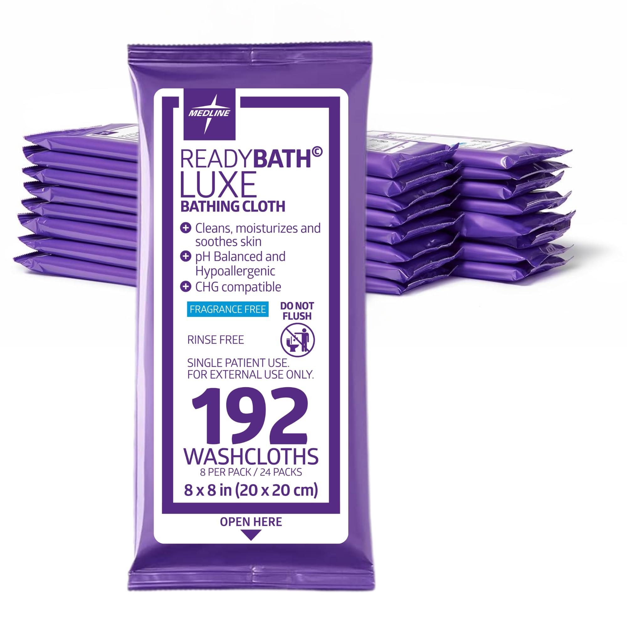Medline Medline ReadyBath LUXE Extra Thick Adult Bath Wipes, 192 Wipes (8 Wipes, 24 Packs), Unscented, No Rinse Formula with Aloe, Shower Wipes for Sensitive Skin, Hypoallergenic Body Wash Wipes, 8 x 8 Inch