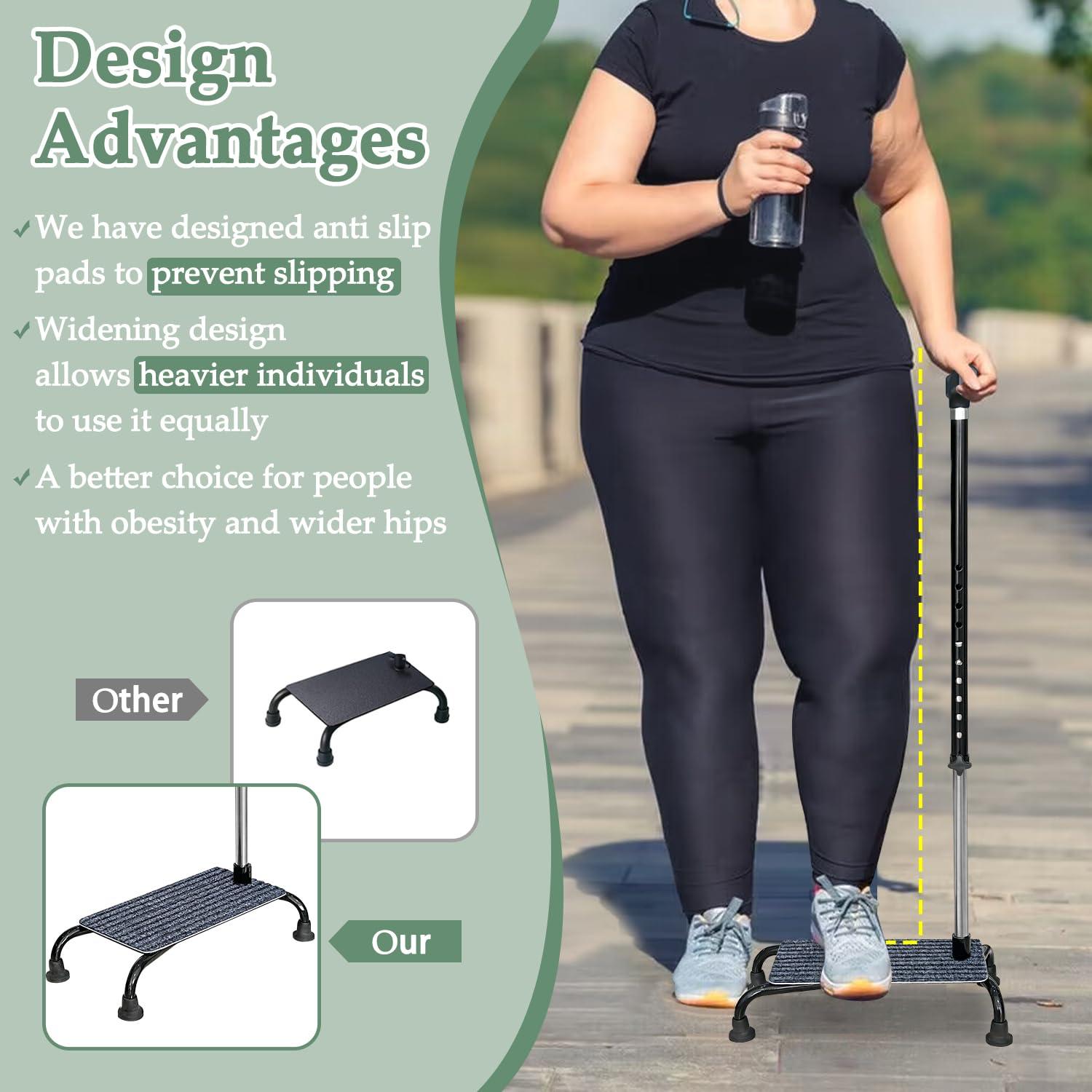 POWYS Stair Climbing Cane Lifts Assist Cane for Seniors Elderly Half Step Stairway Aid Walking Sticks Adjustable Mobility Helper Balance Devices 4 Prong Quad Widen Anti-Slip Base Seat Walker