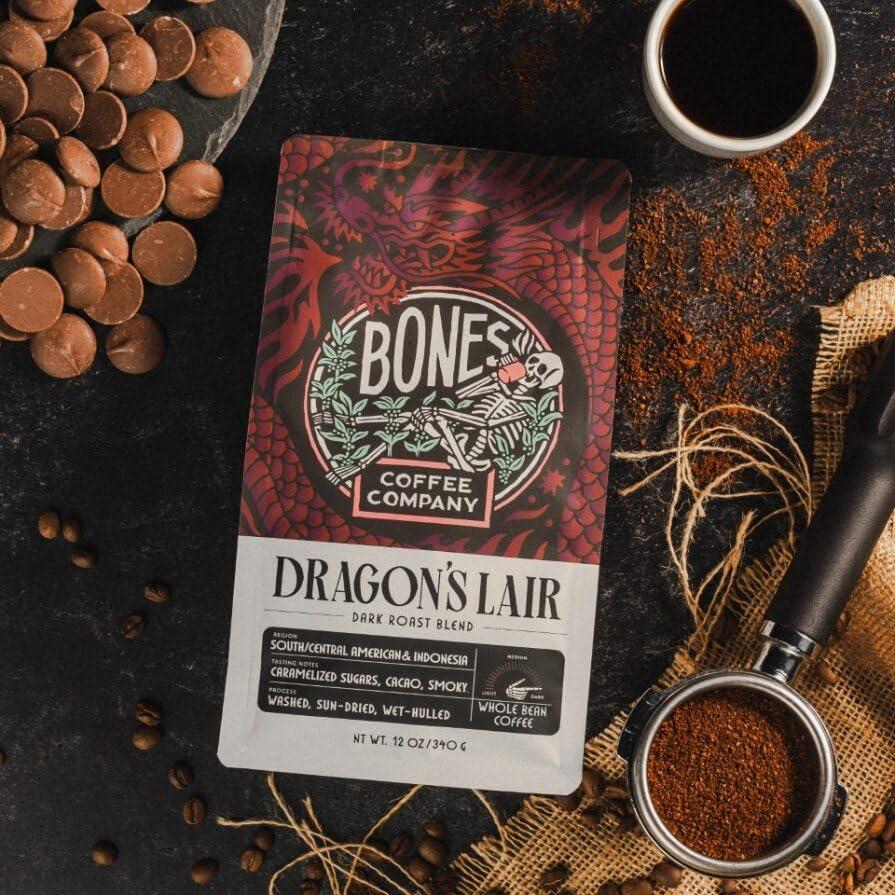 Bones Coffee Company Bones Coffee Company Dragon\'s Lair Flavored Coffee Beans, Whole Bean Coffee Dark Roast Low Acid (12 oz)