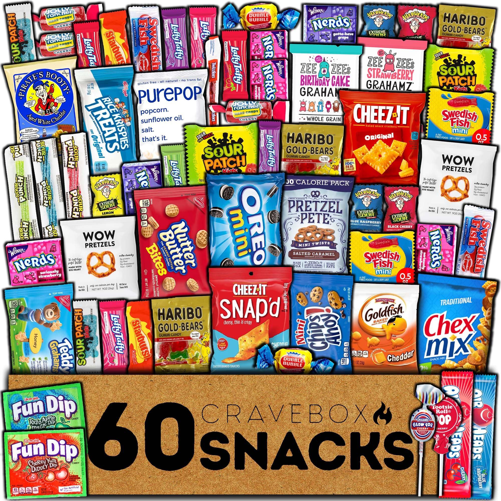 CRAVEBOX CRAVEBOX Snack and Candy Box (60 Count) Valentines Day Adults Variety Pack Bundle Assortment Gift Basket Kids Care Package Boyfriend Birthday Office College Boys Men Students Food College School