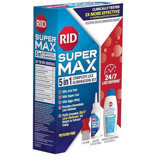 RID RID Super Max Lice Treatment Kit, Kills Lice & Super Lice & Eggs + 24/7 Lice Defense, Pesticide Free, 3.4 FL OZ Solution + 6.8 FL OZ Daily Defense Shampoo & Conditioner + Nit Removal Comb