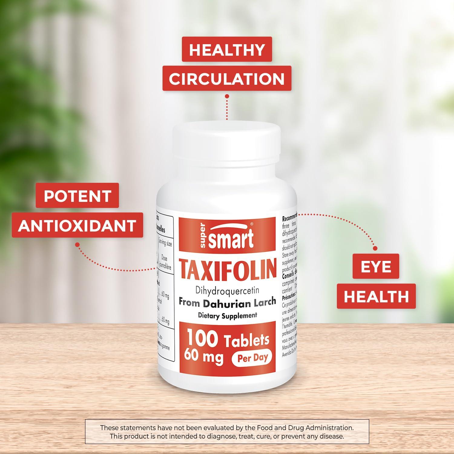 super smart Supersmart - Taxifolin Dihydroquercetin 60mg per Day (90% DHQ Supplement) - Russian Siberian Dahurian Larch Tree Extract - Antioxidant Bioflavonoid | Non-GMO & Gluten Free - 100 Tablets
