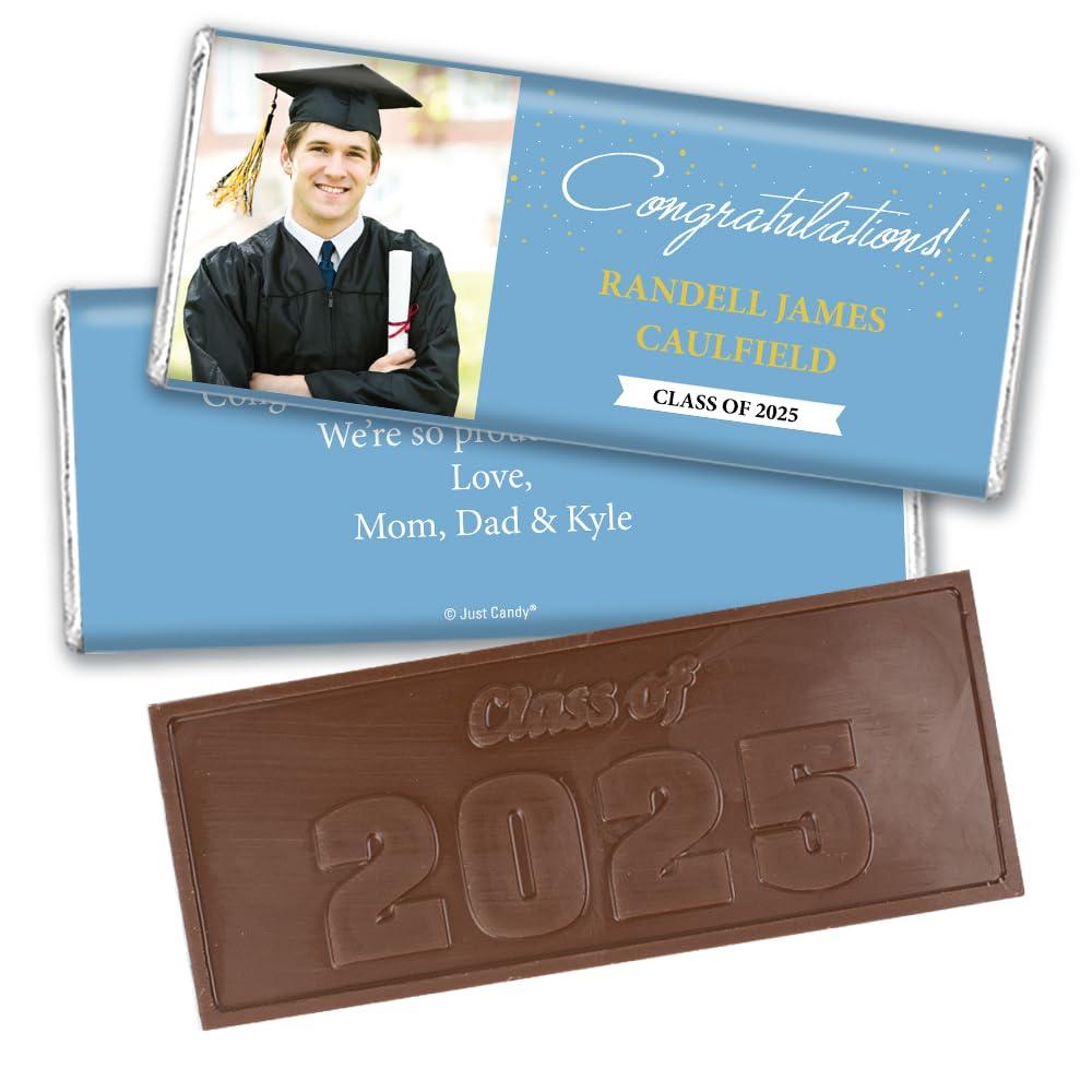 Just Candy 36ct Personalized Graduation Party Favors Engraved Chocolate Bars with Photo - Congrats (36 Count) - Baby Blue