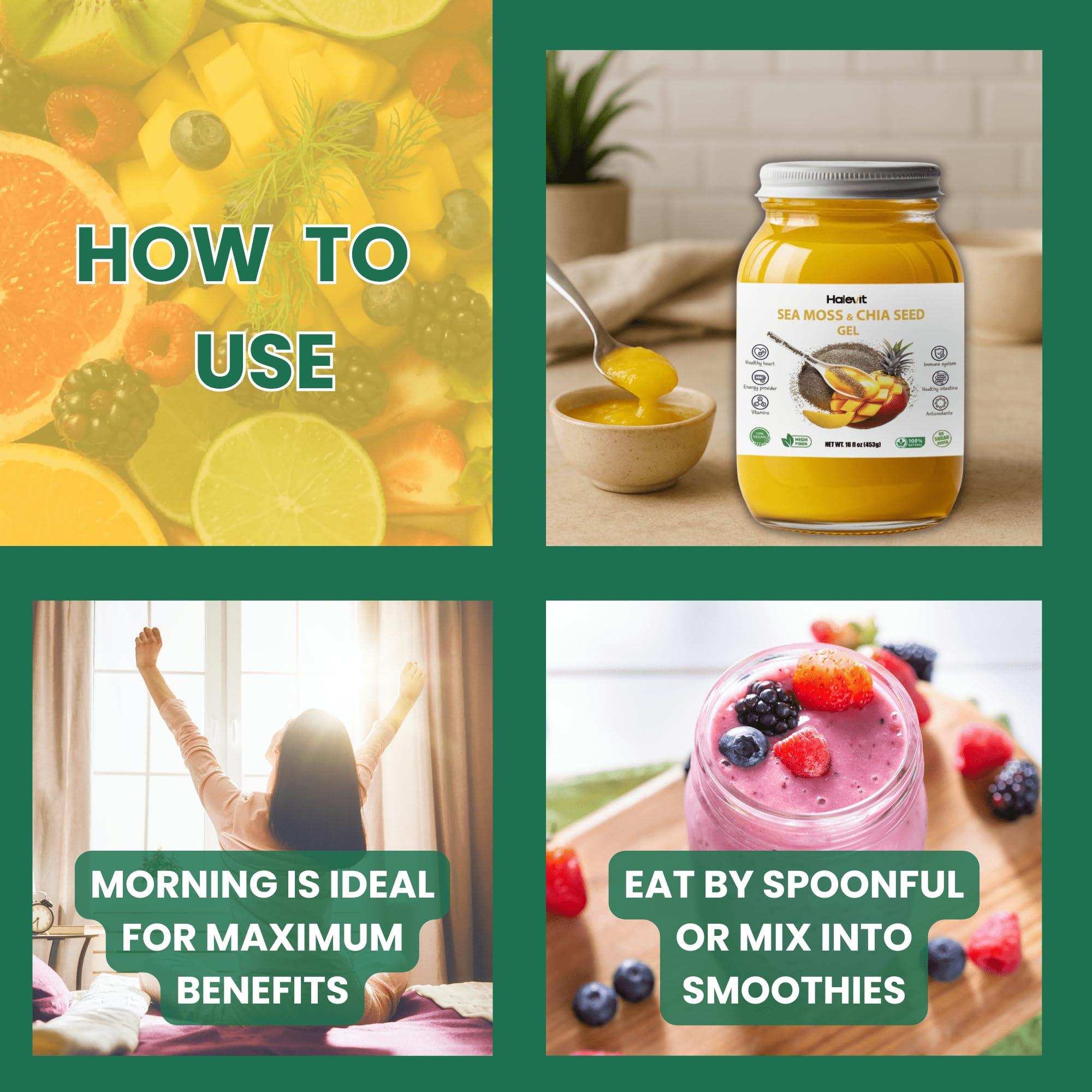 Halevit Sea Moss Gel with Ground Chia Seeds, Sea Moss Gel Organic Raw Natural Iodine Source, Omega-3, Immune & Digestive Support, Vegan Superfood, Mango Pineapple Flavor, Made in USA, 16 oz