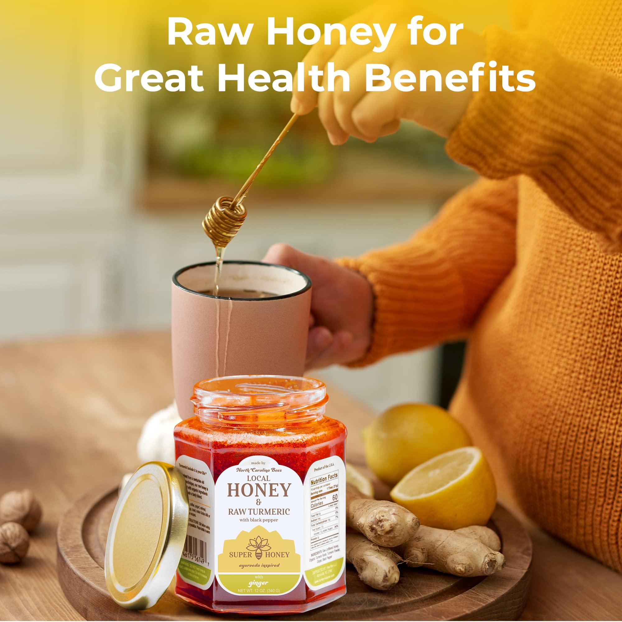SUPER HONEY AYURVEDA INSPIRED SUPER HONEY North Carolina Honey with Turmeric, Ginger and Black Pepper, Ayurveda Inspired 100% Wildflower Pure Raw Honey, Unfiltered and Naturally Delicious - 12oz. Glass Jar