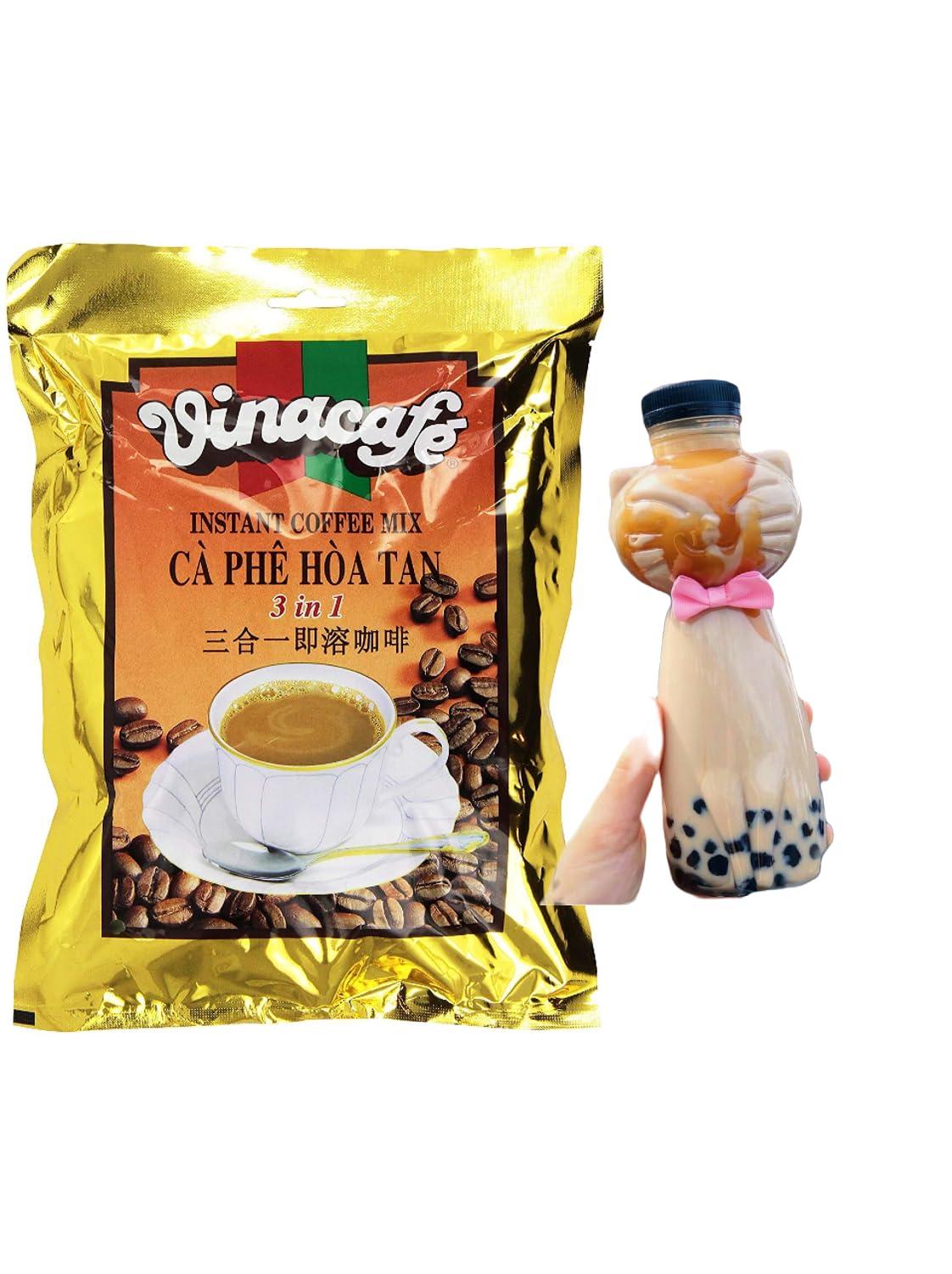 Darong Vinacafe 3 in 1 Instant Coffee Mix, 20 Sachets plus 1pc Plastic Water Bottle, Cartoon Cute Cat Design Kawaii Resuable