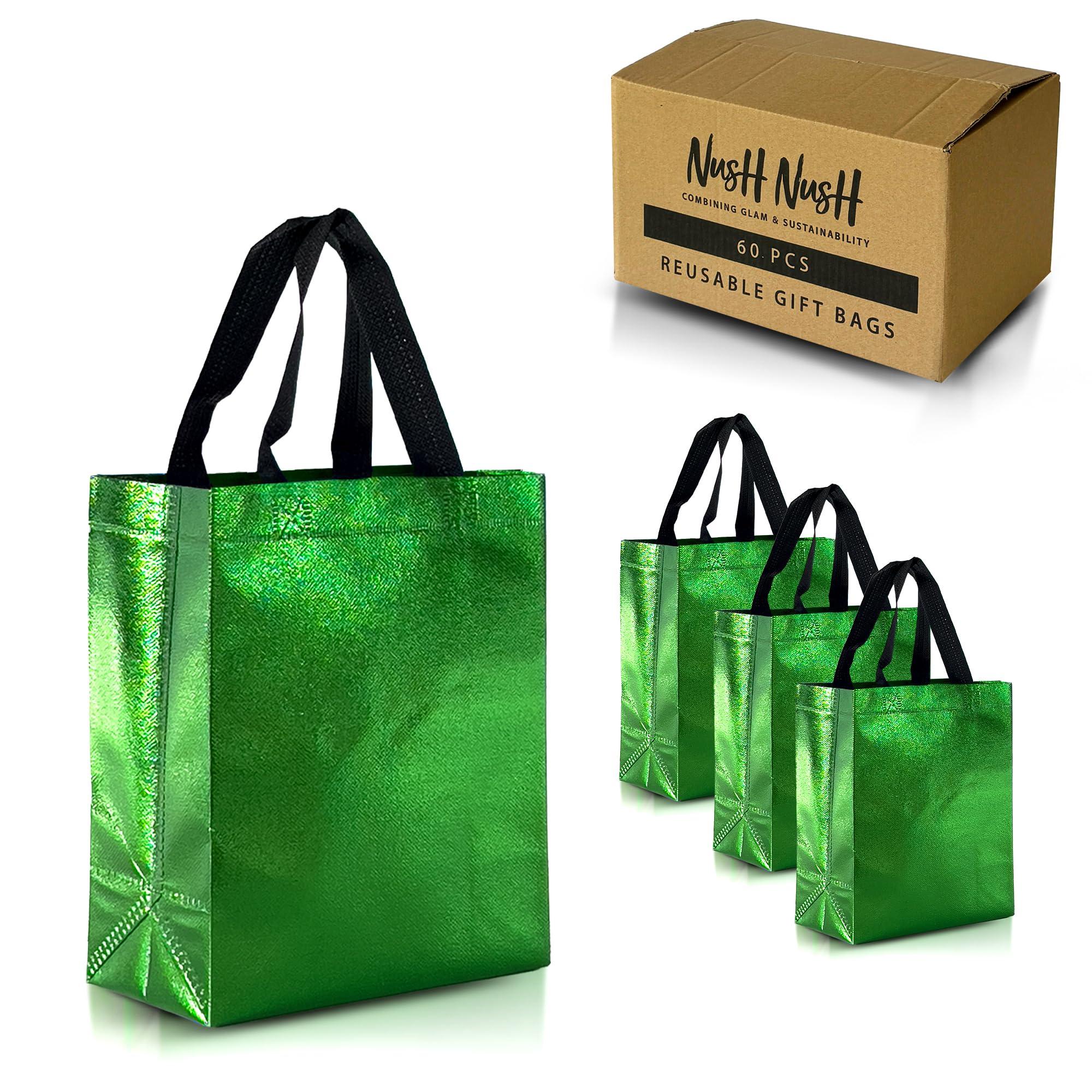 Nush Nush Nush Nush Green Gift Bags Medium Size Set of 12 & 60 Shiny Green Reusable Gift Bags With a Glossy Finish - Perfect As Goodie Bags With Handles, Christmas Gift Bags, Party Favor Bags 8Wx4Dx10H Size