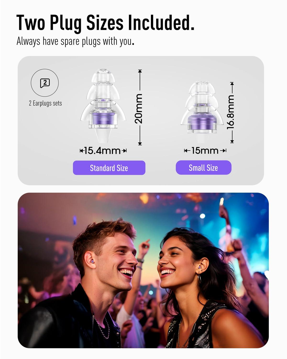 Hearprotek Hearprotek High Fidelity Concert Ear Plugs, 2 Pairs Noise Reduction Music Earplugs, Hearing Protection for Musicians, Festival, DJs, Nightclub, Concerts, Drummers, Party 23dB (Purple)