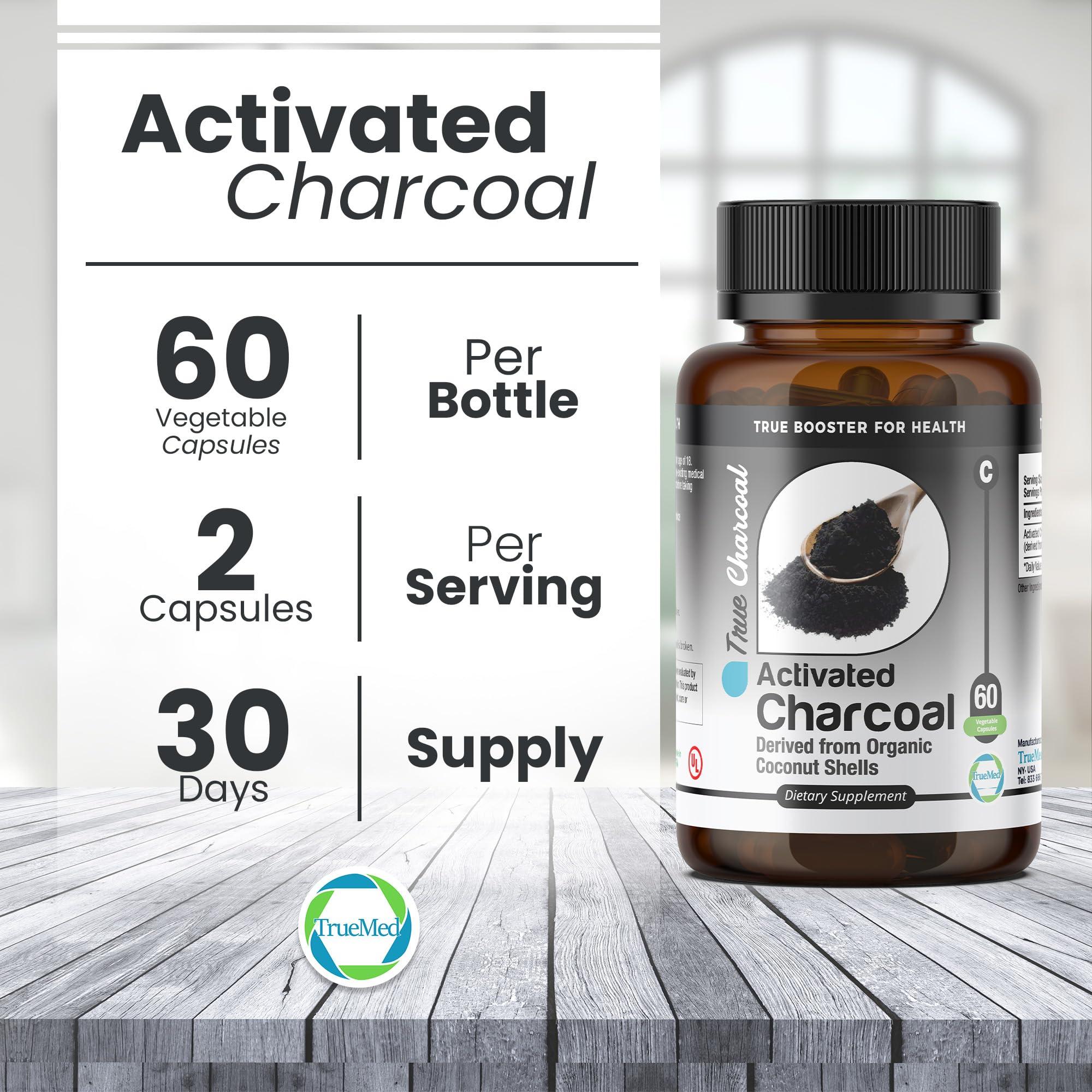 TRUEMED TRUEMED Activated Charcoal Organic Coconut Shell Derived Charcoal Capsule,1200mg, 60 Capsules, Support Detox & Digestive Health, Activated Charcoal Capsules for Health-Conscious Individuals