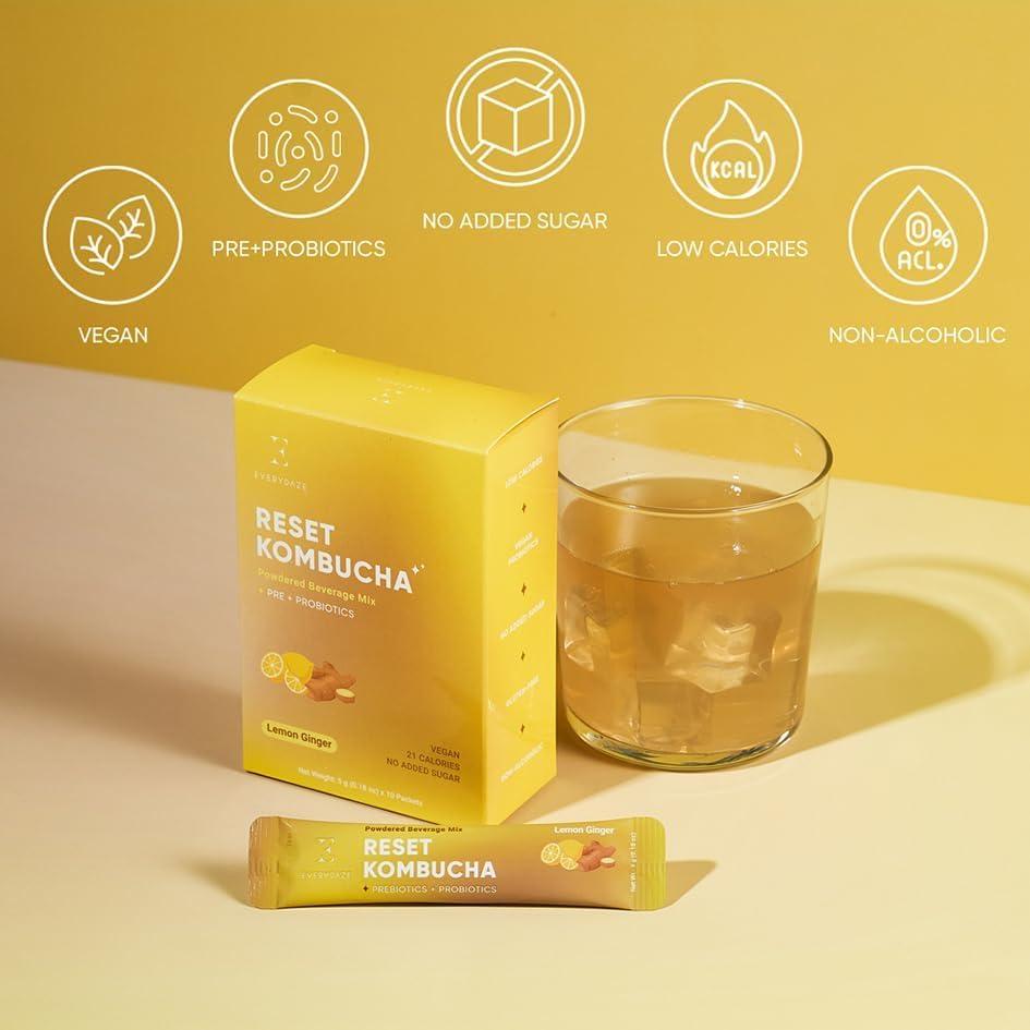 E EVERYDAZE Everydaze Reset Kombucha Tea Powdered Beverage Mix | 10 Sticks | Prebiotics + Probiotics | Vegan | No Added Sugar, Gluten Free, Sparkling Powder Drink Pack (Lemon Ginger)