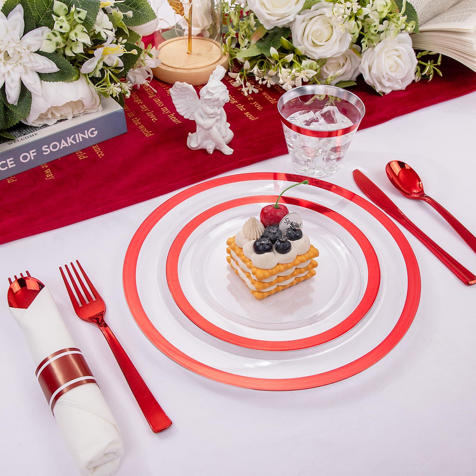 I00000 I00000 350 Pcs Clear and Red Plastic Plates,Valentines Disposable Dinnerware Set, Include 50 Dinner Plates 10.25\'\', 50 Dessert Plates 7.5\'\',50 Red Rim Cups,50 Per Rolled Napkins with Plastic Cutlery