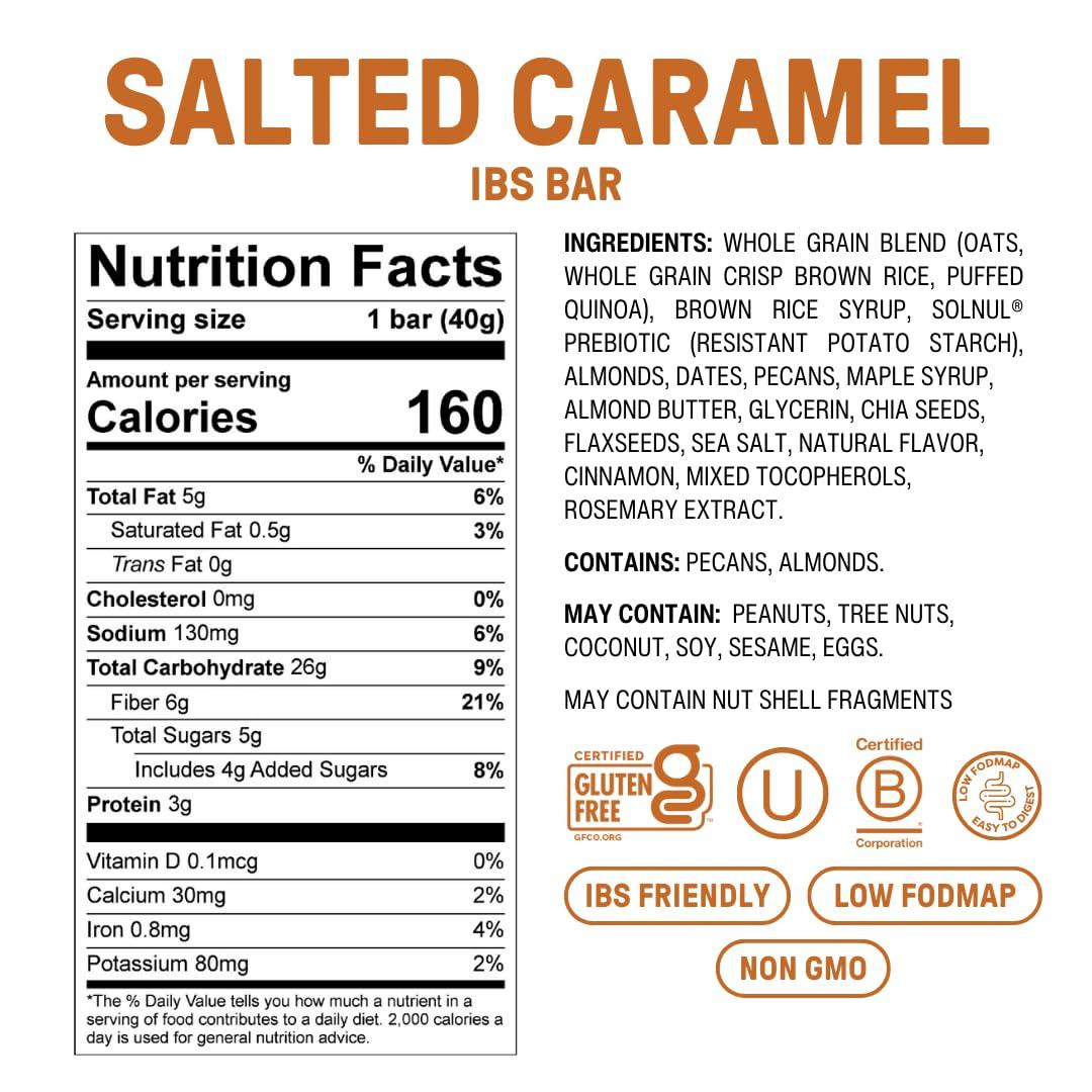 Fody Fody Foods IBS Bar | Salted Caramel | Low Fodmap Snack | Supports GI Health | 6 Grams Prebiotic Fiber | Gluten Free & Lactose Free, Vegan | Pack of 12