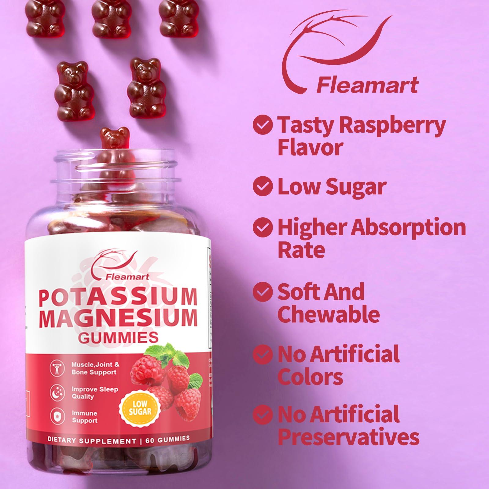 Fleamart Potassium Magnesium Gummies Potassium Citrate 99mg Magnesium Citrate 250mg Magnesium Potassium Complex Supplement, Immune Support, Leg Cramps Muscle Health, 60 Raspberry Gummies 2 Pack