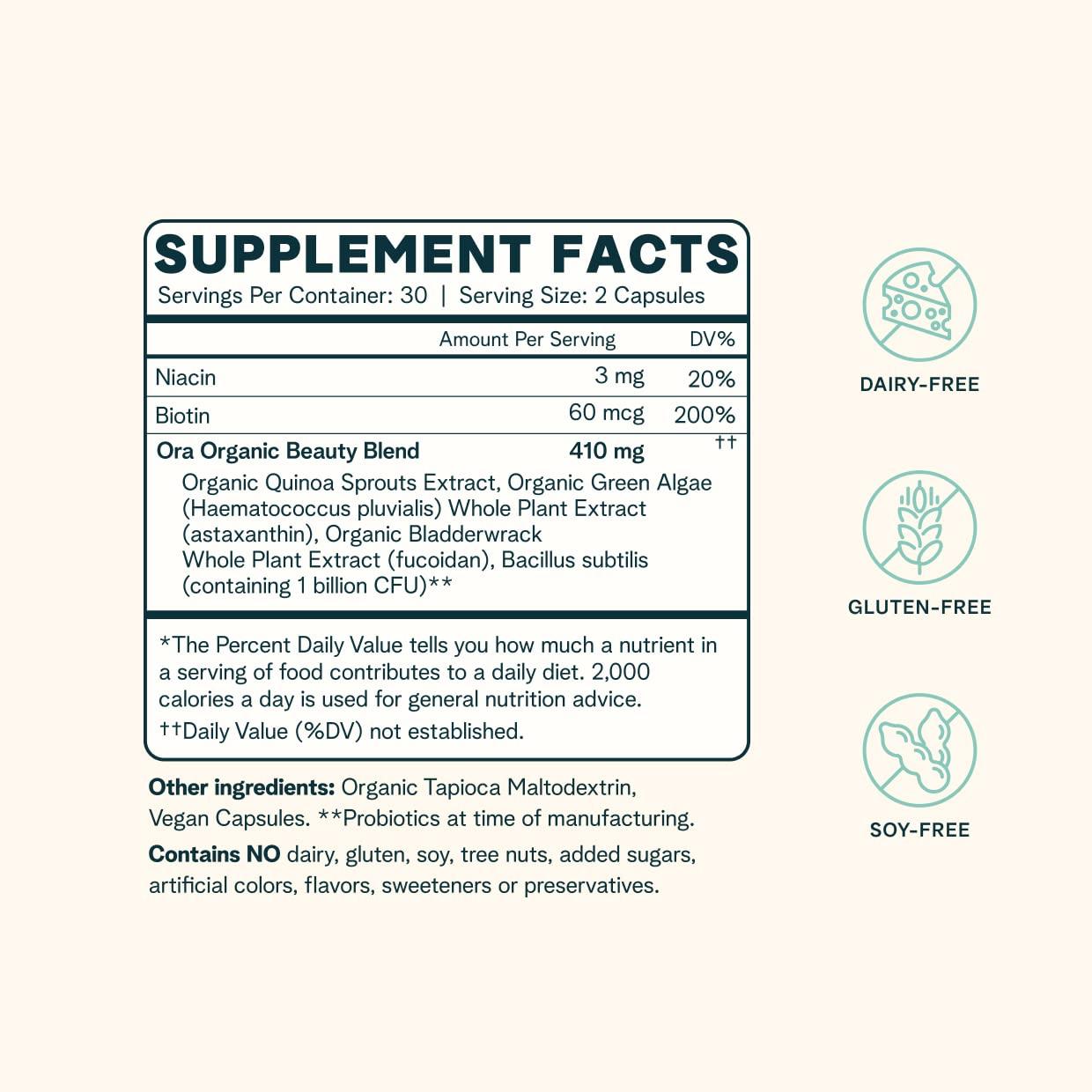 Ora Organic Ora Organic Hair, Skin, and Nails Support- BeYouTiful - Beauty Supplement with B Vitamins and Algae Extracts for Healthy Hair and Skin - 60 Vegan Capsules