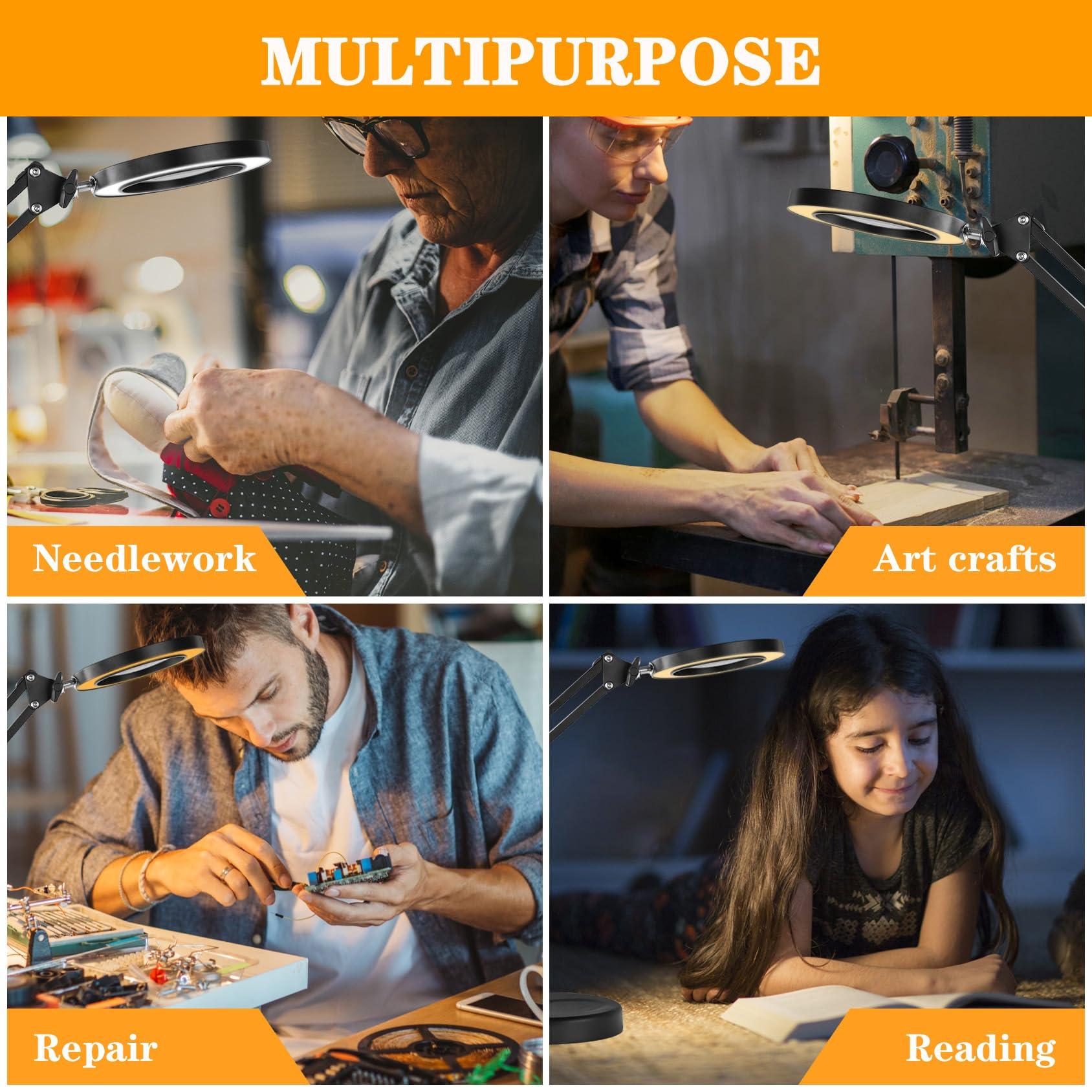 BBYESE 10X Magnifying Glass with Light and Stand Desk Magnifying Glass Light Table Loupe with Heavy Base 3 Color Dimmable LED Lamp for Close Work Precision Machinery Repair Reading Craft