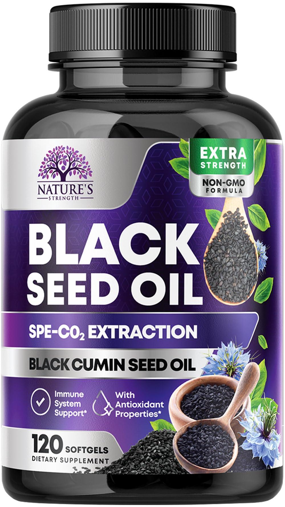 Nature\'s Strength Black Seed Oil 1000mg, Amazing Skin Health (Vegan & Non-GMO) Nigella Sativa for Joint, Hair & Immune Support, Best Extraction Above Cold Pressed Blackseed Oil, Pure Black Cumin Seed Oil - 120 Softgels