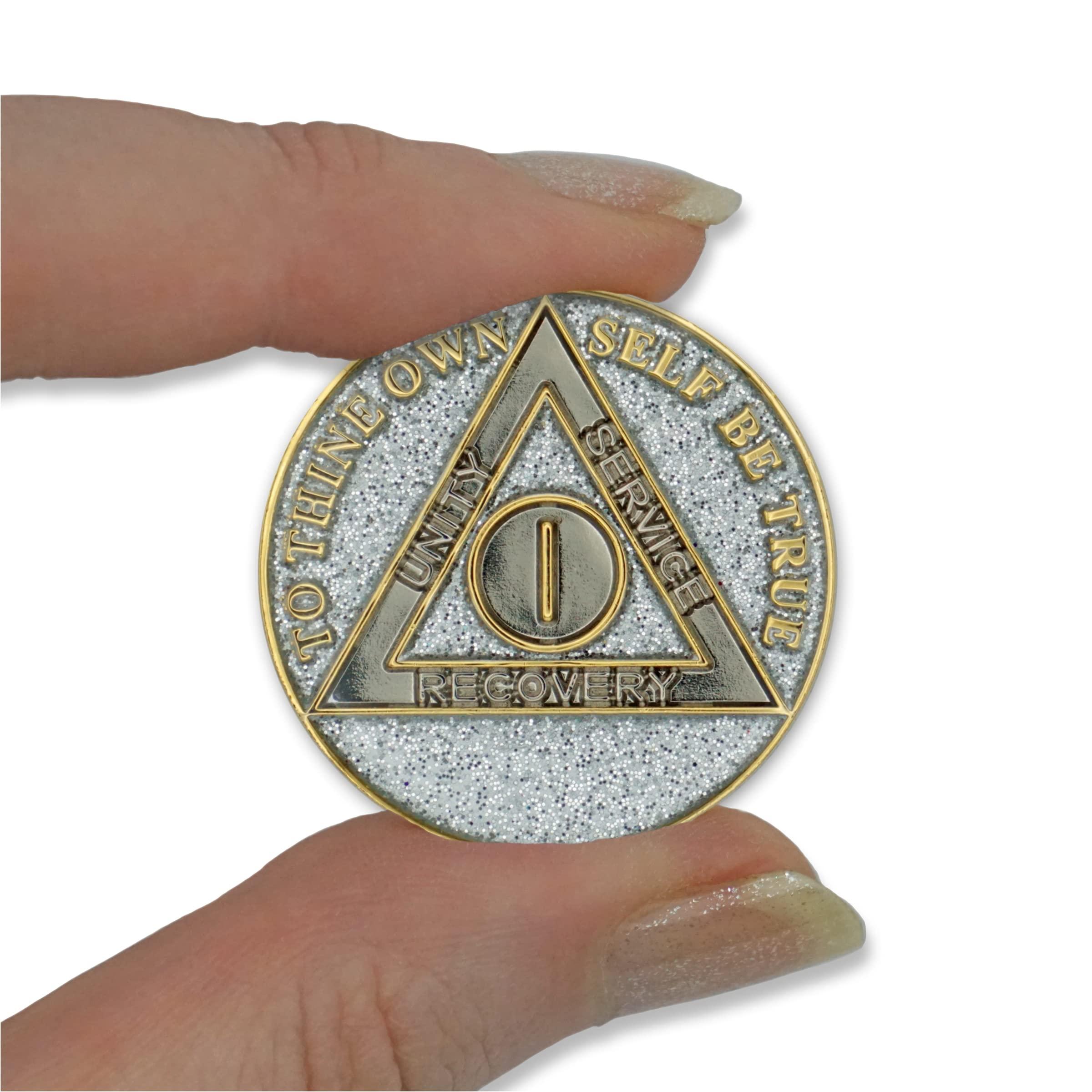 The Token Shop 1 Year Sobriety Coin | Glitter Triplate AA Chip Recovery Anniversary Token (Silver)