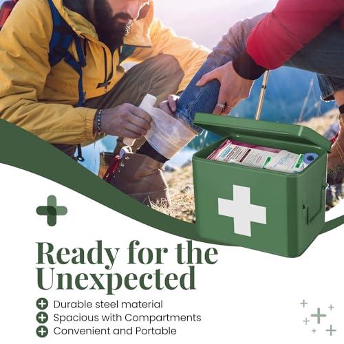 Flexzion Flexzion First Aid Box Organizer, Empty 8.5 Inch Green Vintage First Aid Kit Tin Metal Medical Box First Aid Storage Box Container Bins with Dividers, Removable Tray and Cross Logo