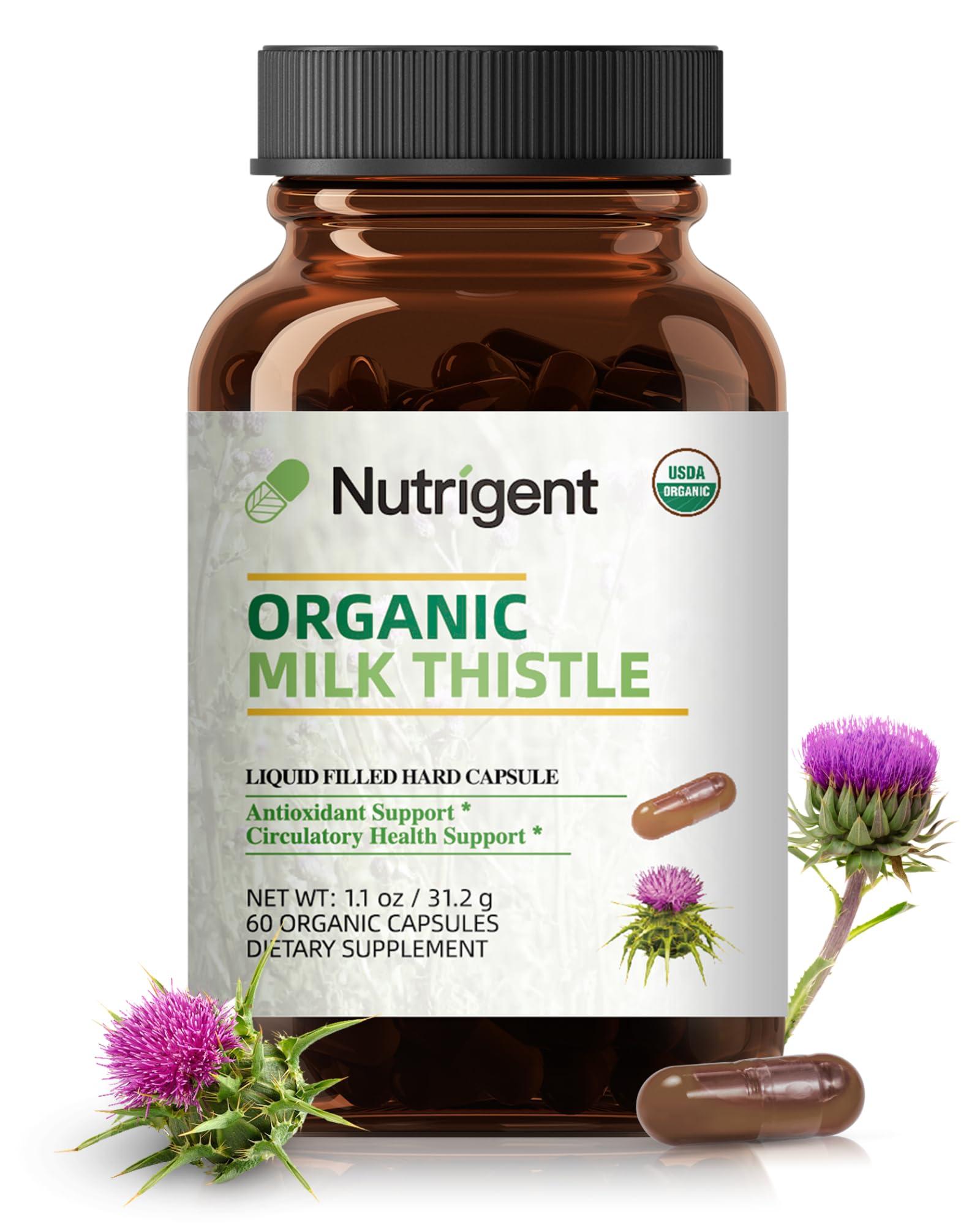 Nutrigent Nutrigent USDA Organic Milk Thistle Supplement 25:1 Extract, 8750 mg Strength, Silymarin Supplement 280 mg, Liquid Organic Capsules, Liver Health & Detox Support, Non-GMO, 60 Count